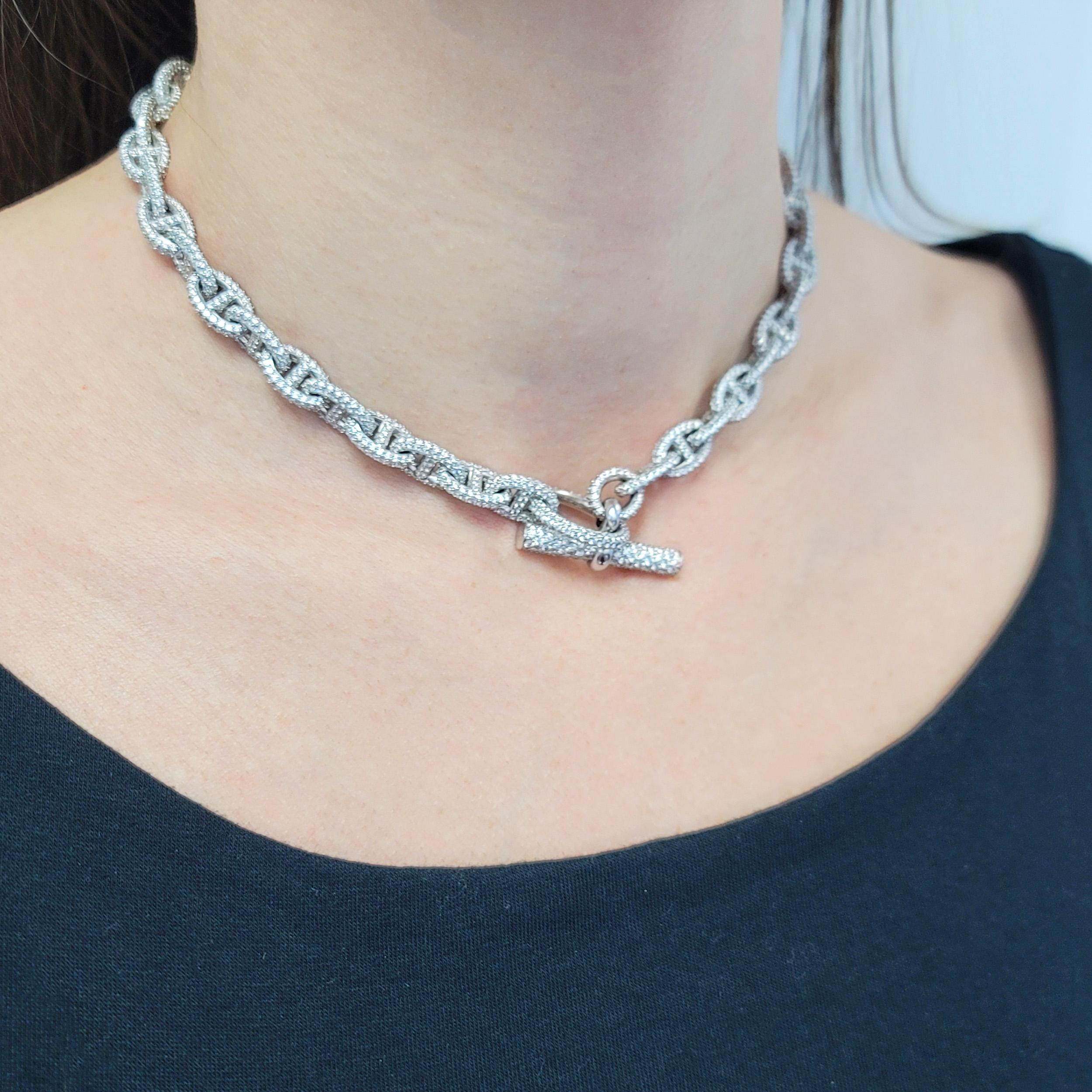 Hermes Chaine D’Ancre diamond encrusted necklace in
18k white gold. Featuring toggle closure. Length: 15.5 inches. Diamonds approx. 32.00ct. Inscribed: 20APxxxxxx, Au750,
Hermes, Made in France. Stamped with makers mark and French hallmark With