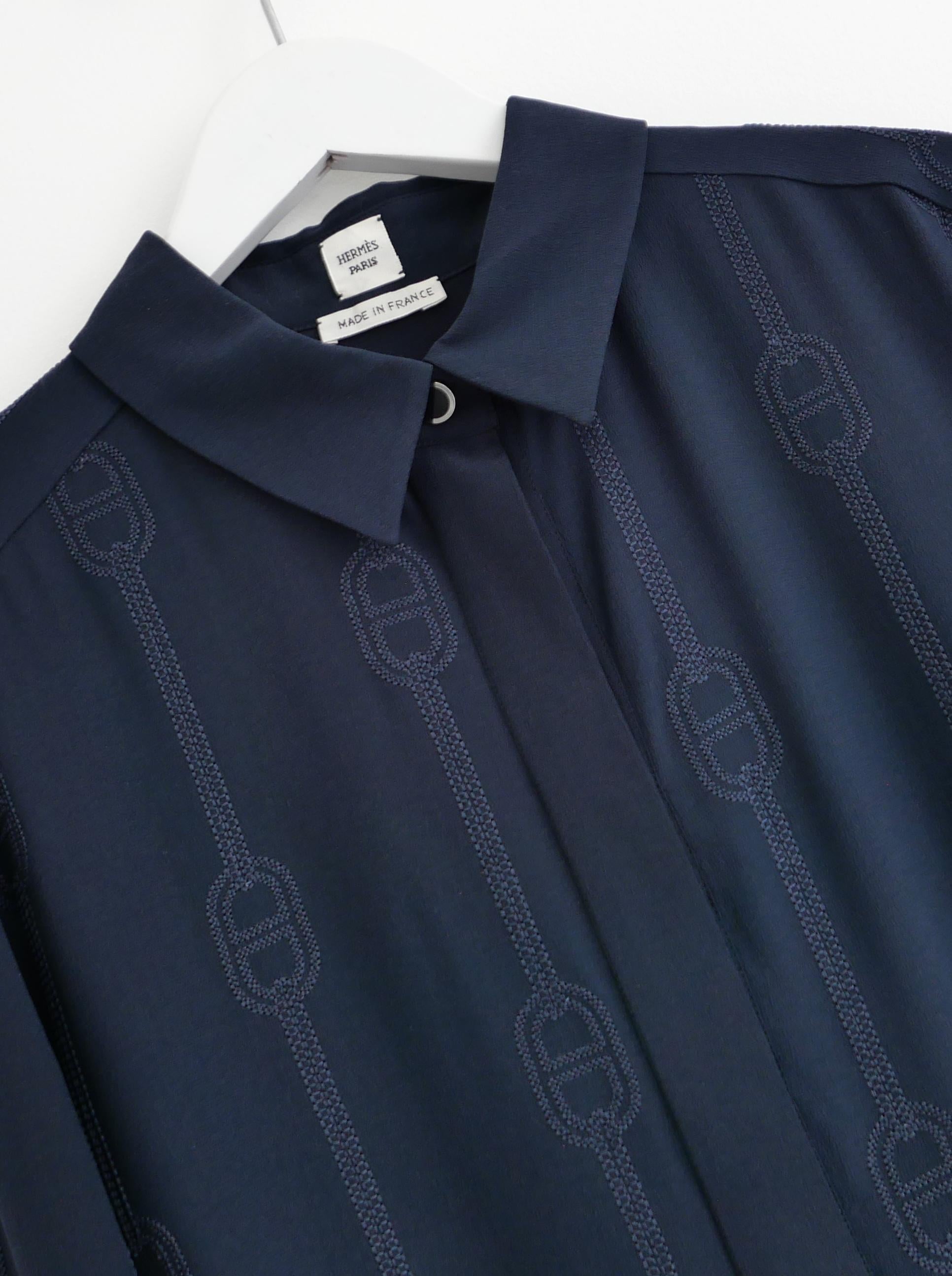 Nero Camicia in seta ricamata Hermes Chaine d'Ancre Navy in vendita
