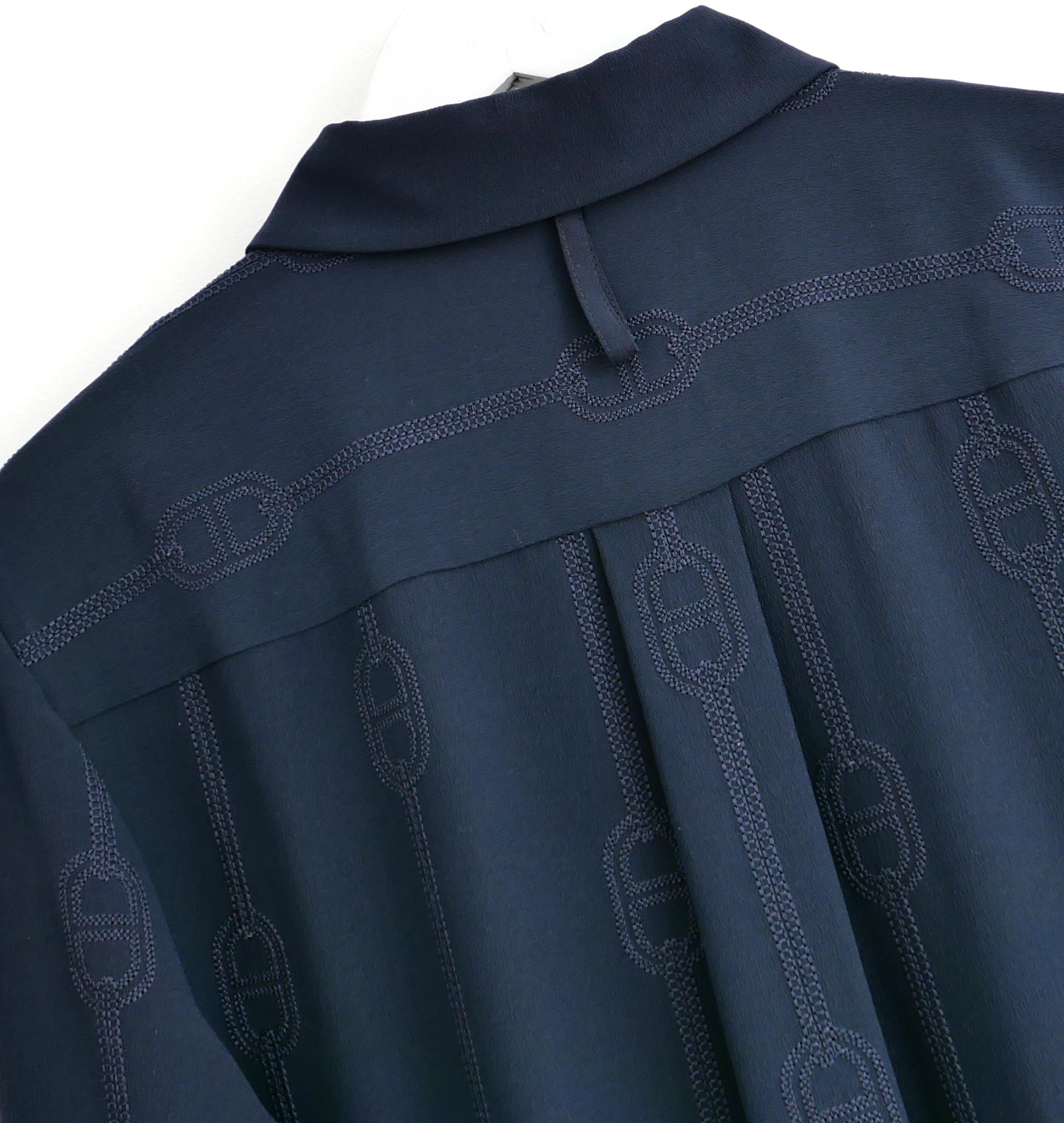 Camicia in seta ricamata Hermes Chaine d'Ancre Navy in vendita 2