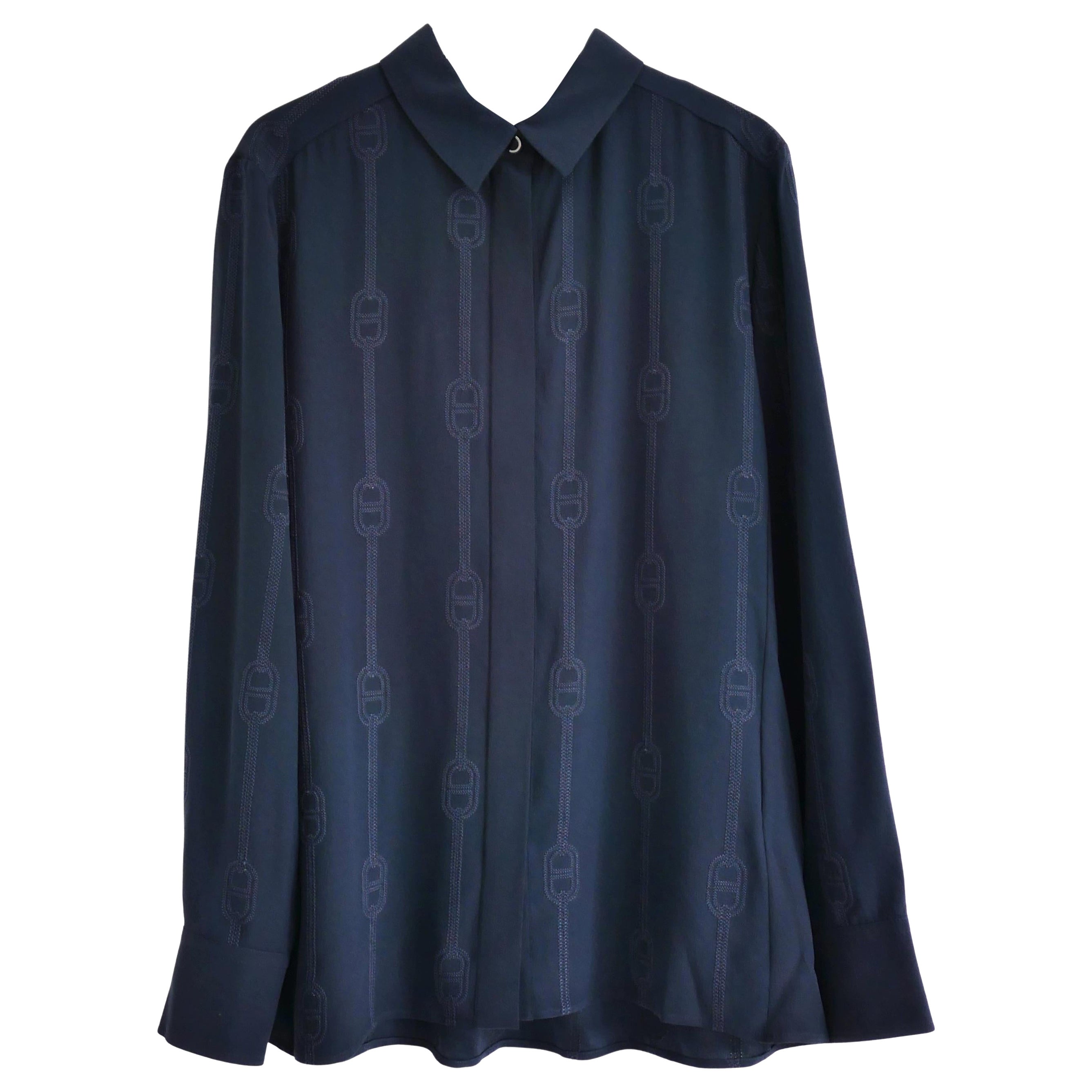 Camicia in seta ricamata Hermes Chaine d'Ancre Navy