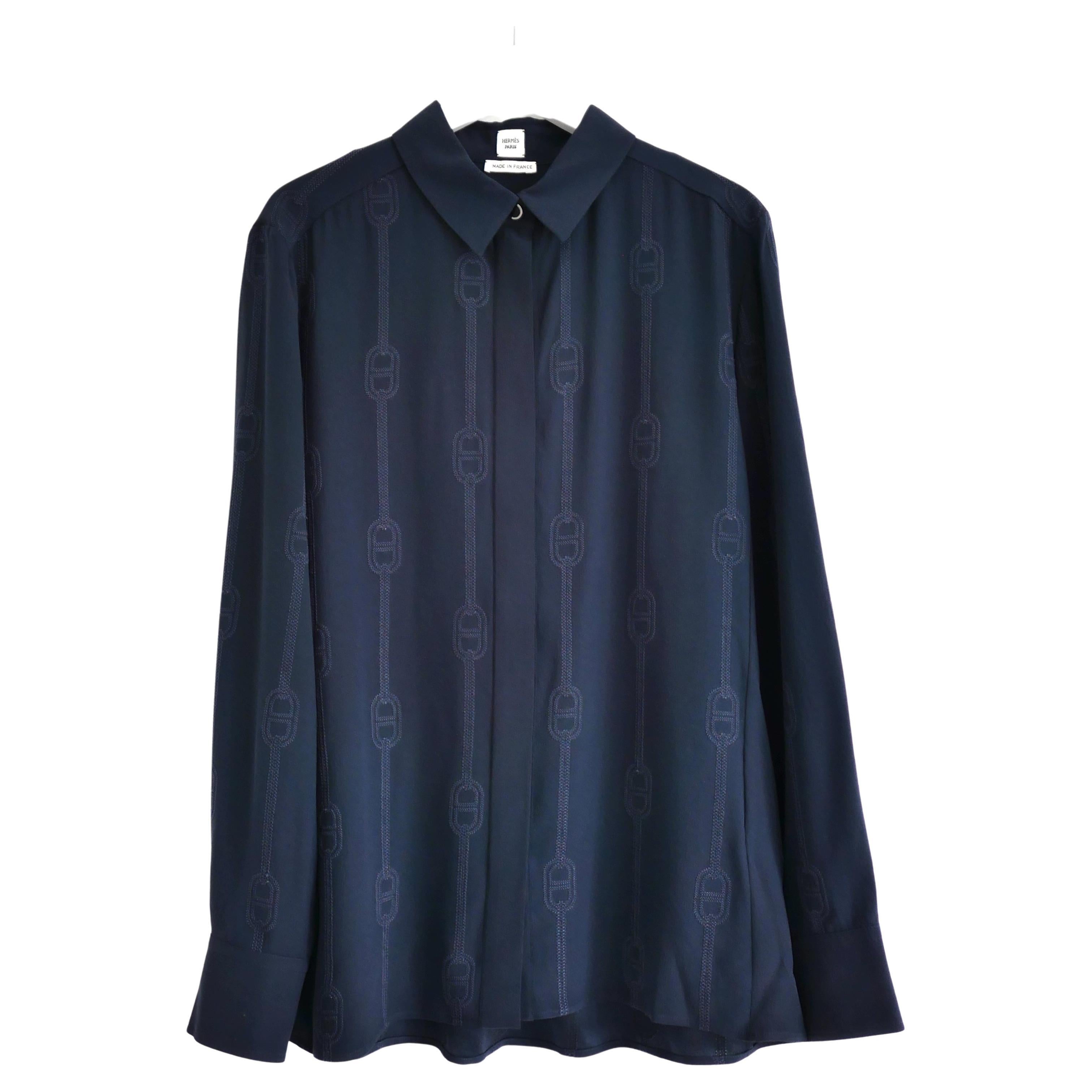 Hermes Chaine d'Ancre Embroidered Silk Shirt Navy