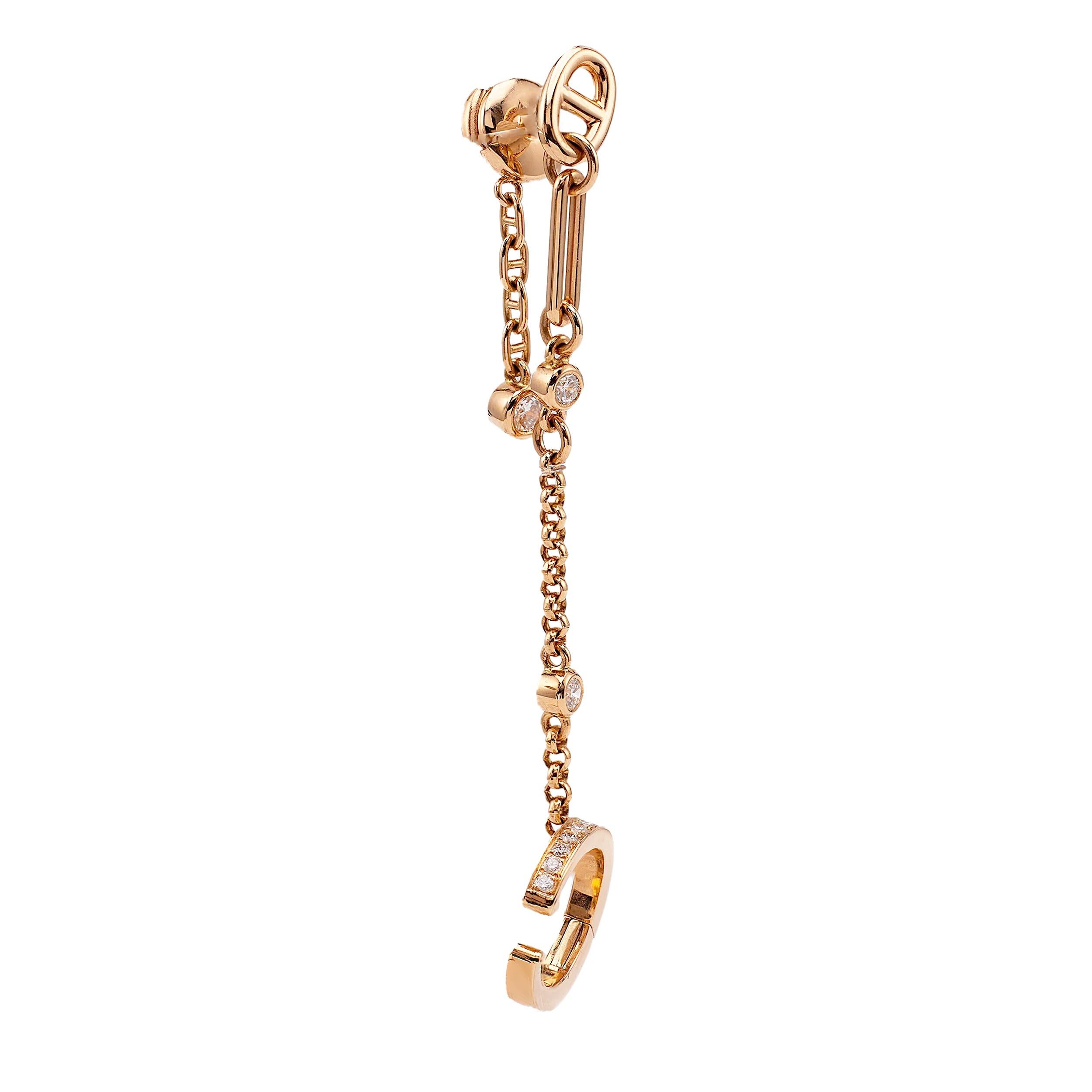 Round Cut Hermes Chaine D'Ancre Rose Gold Diamond Chaos Right Single Earring Cuff For Sale