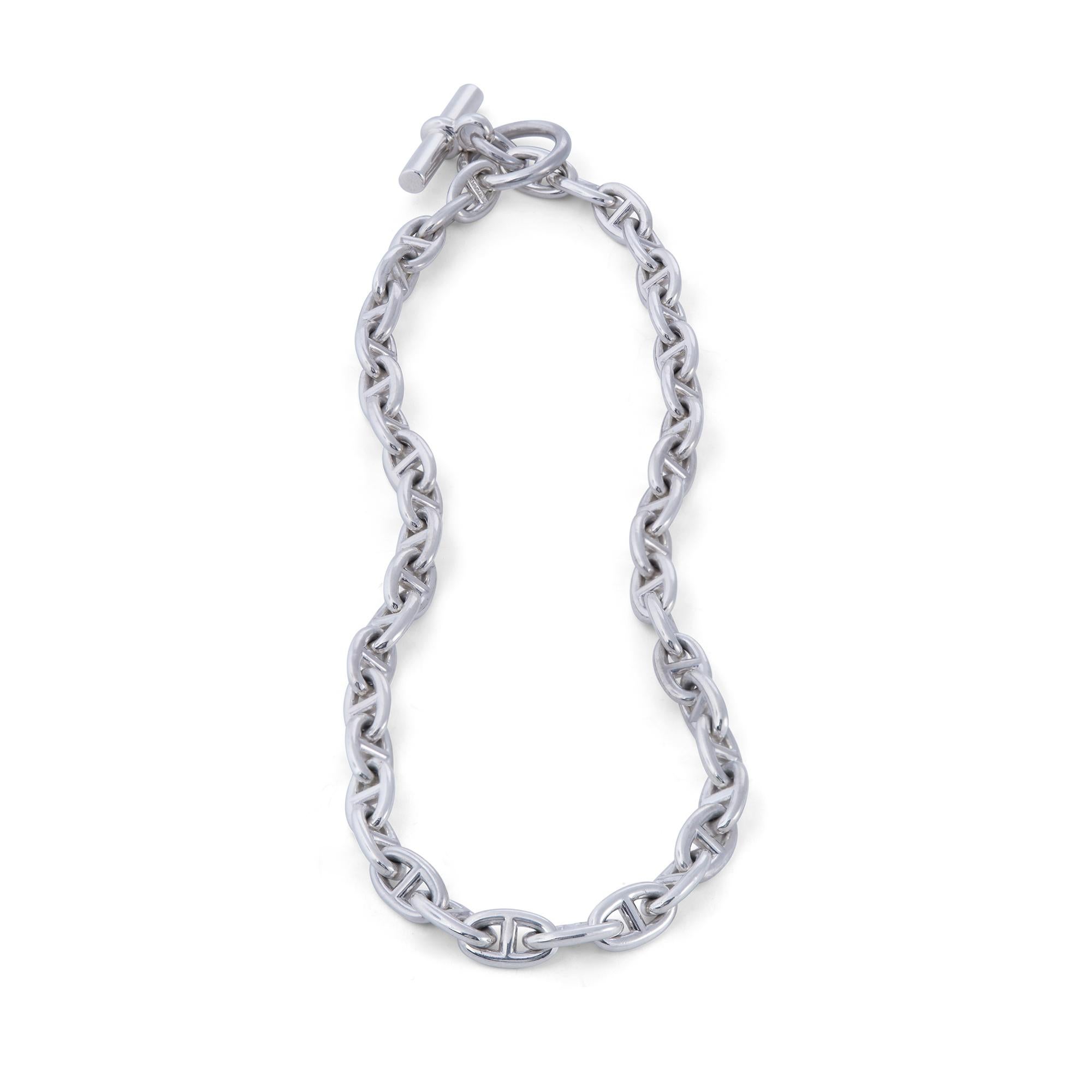 Authentic Hermès Chaîne d'ancre necklace crafted in sterling silver. The iconic ship anchor links are completed by a toggle clasp. The links measure .56 inches x .34 inches and the necklace measures 17 inches in length. Signed Hermès with hallmarks.