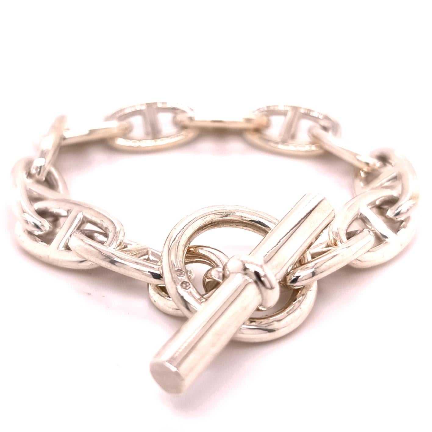 Chic yet Timeless, absolutely Iconic Hermès Sterling Silver Chaine d'Ancre Bracelet, circa 1995.
The story of this piece began more than 80 years ago, in 1938, when Robert Dumas, a member of the Hermès family, decided to take inspiration from a ship