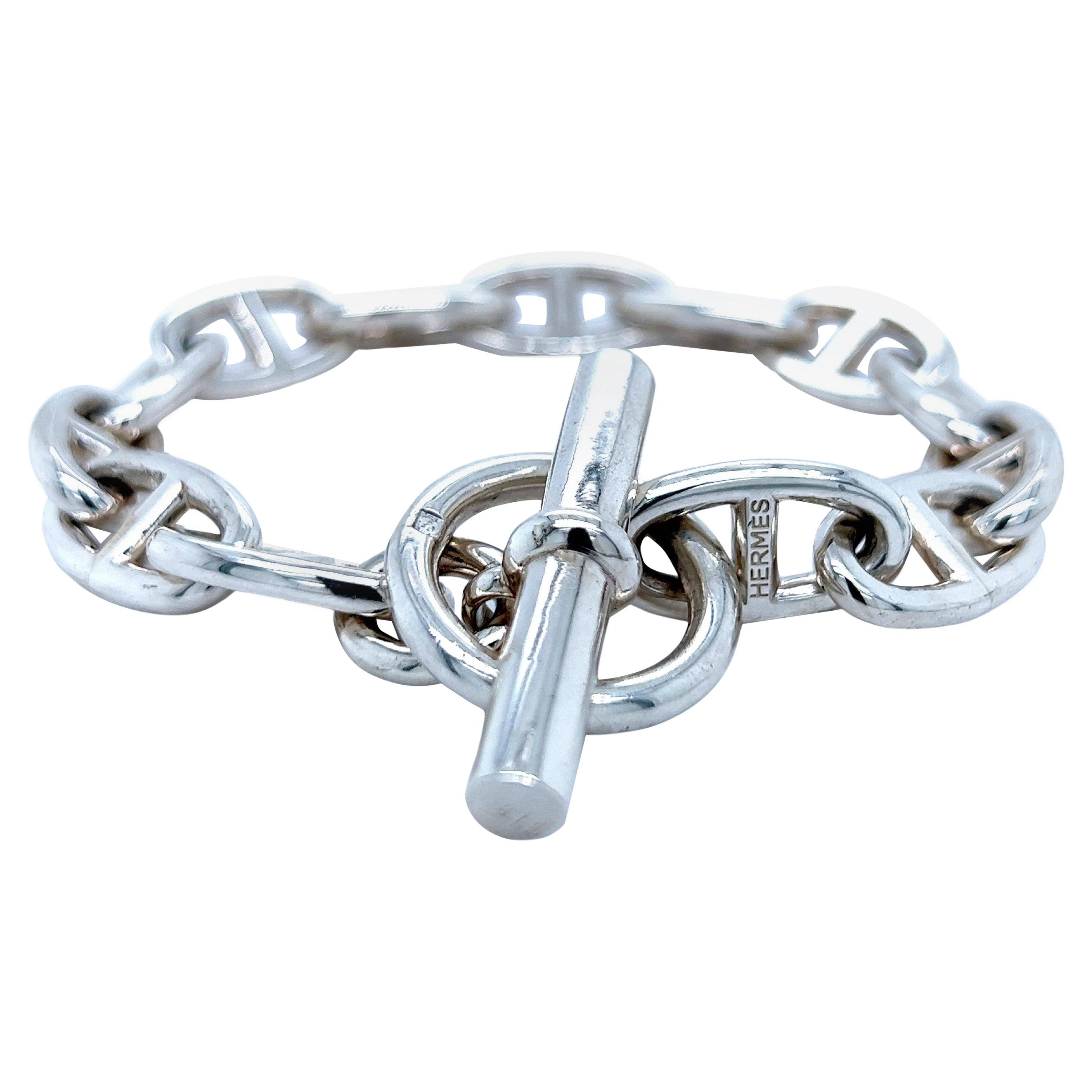 Chic yet Timeless, absolutely Iconic Hermès Sterling Silver Chaine d'Ancre Bracelet, circa 1995.
The story of this piece began more than 80 years ago, in 1938, when Robert Dumas, a member of the Hermès family, decided to take inspiration from a ship