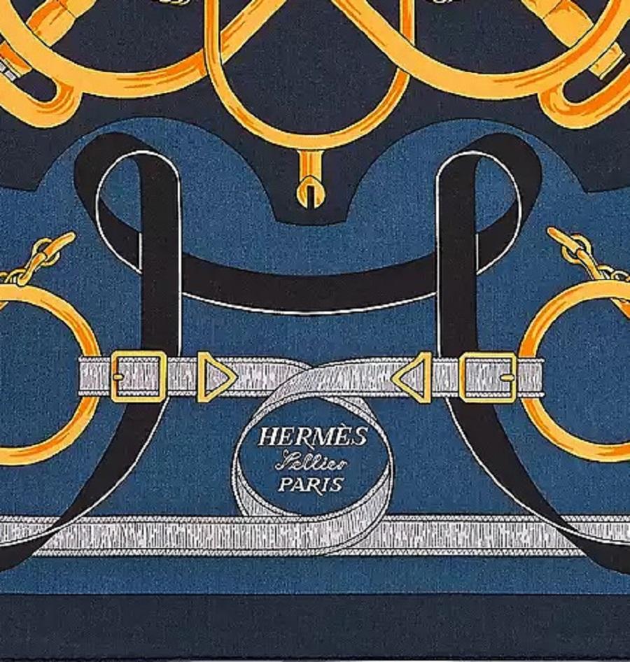 Hermes Chal 140 Eperon d'Or Marine / Miel / Gris Argent 70% Cashmere 30% Silk In New Condition In Nicosia, CY