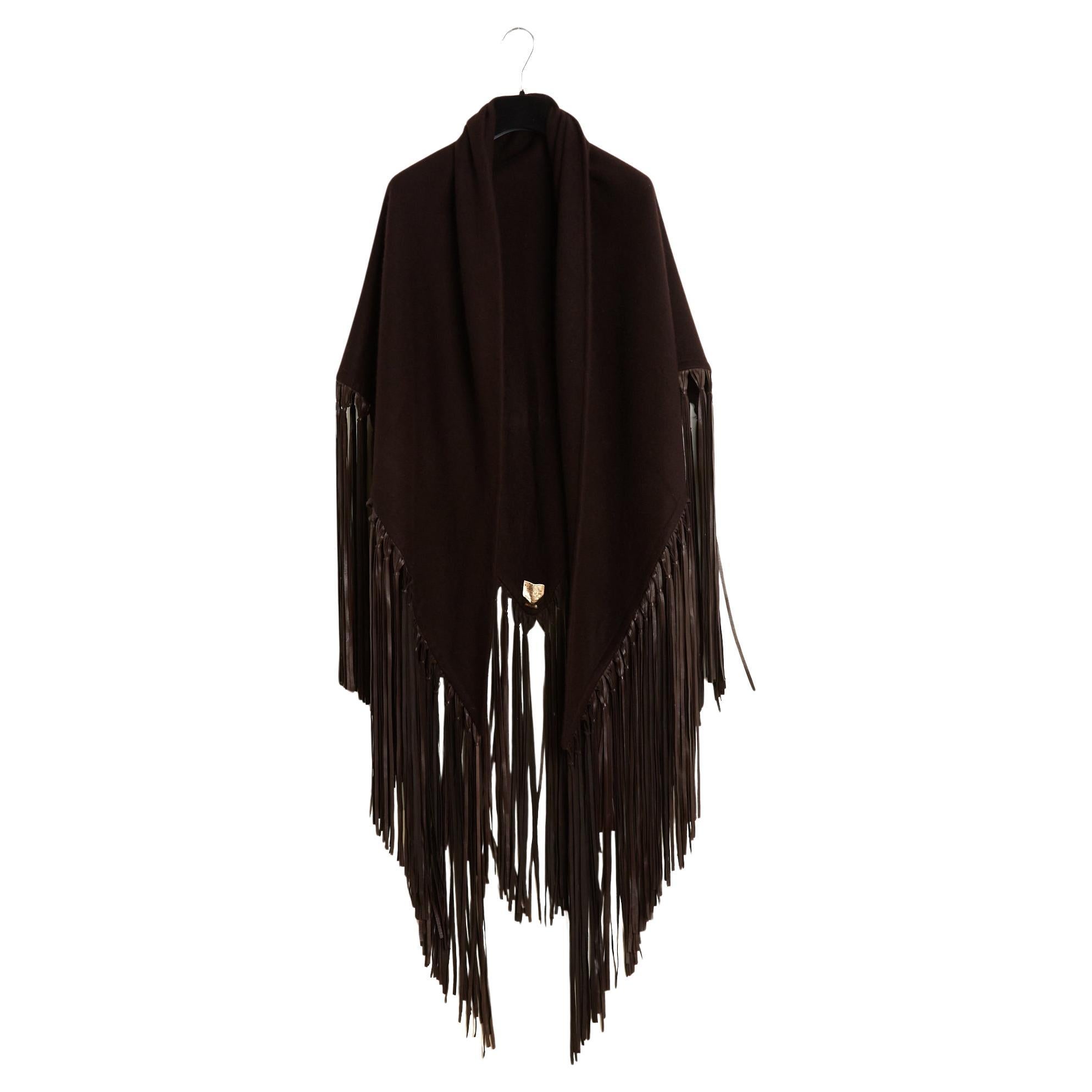 Hermès Chale Triangle a franges 1990s Cashmere and Leather Fringes Shawl Hermes