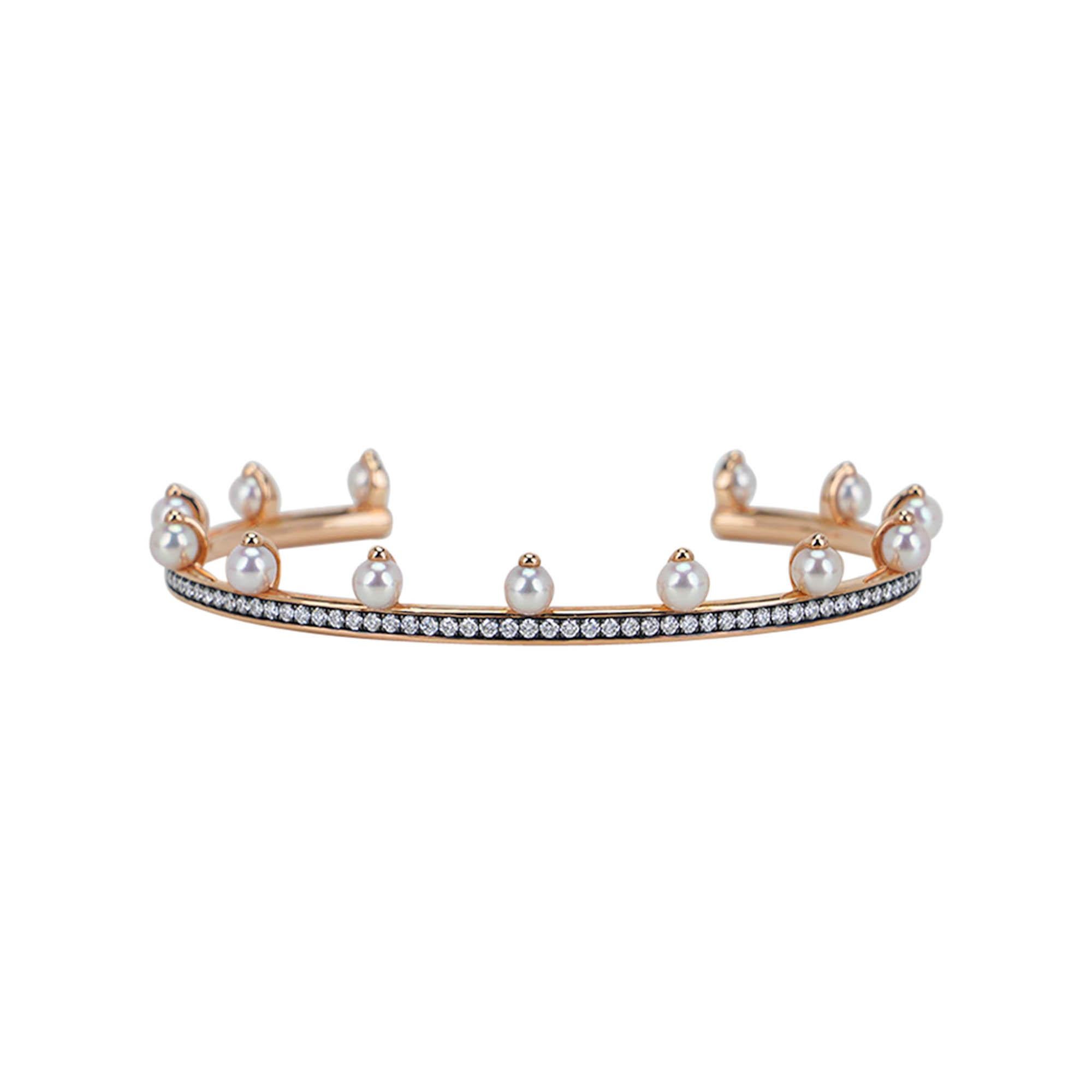 Taille brillant Hermes Chandra Jonc Bracelet manchette en perles et diamants or rose 18k en vente
