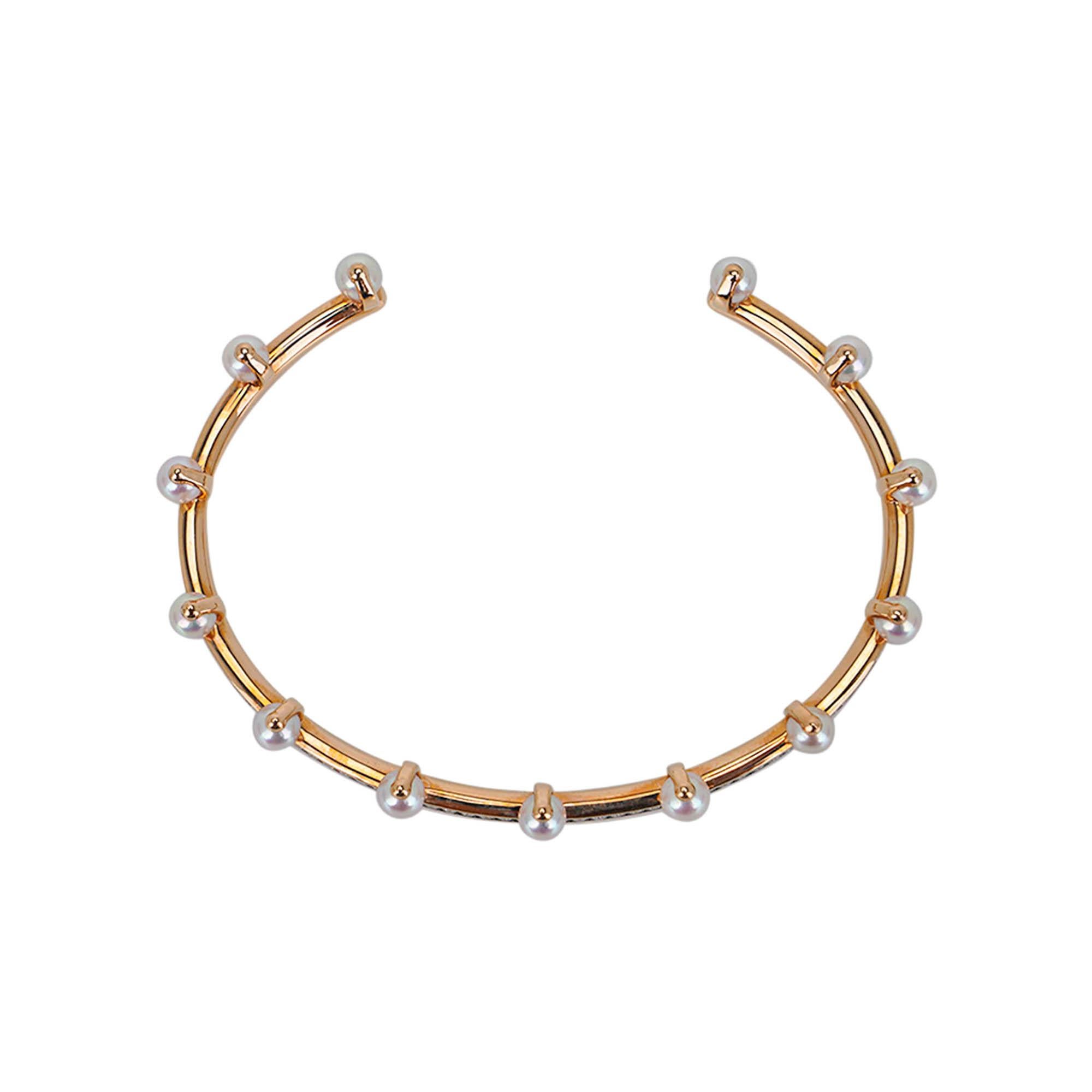 Hermes Chandra Jonc Pearl and Diamond Cuff Bracelet 18k Rose Gold In New Condition For Sale In Miami, FL
