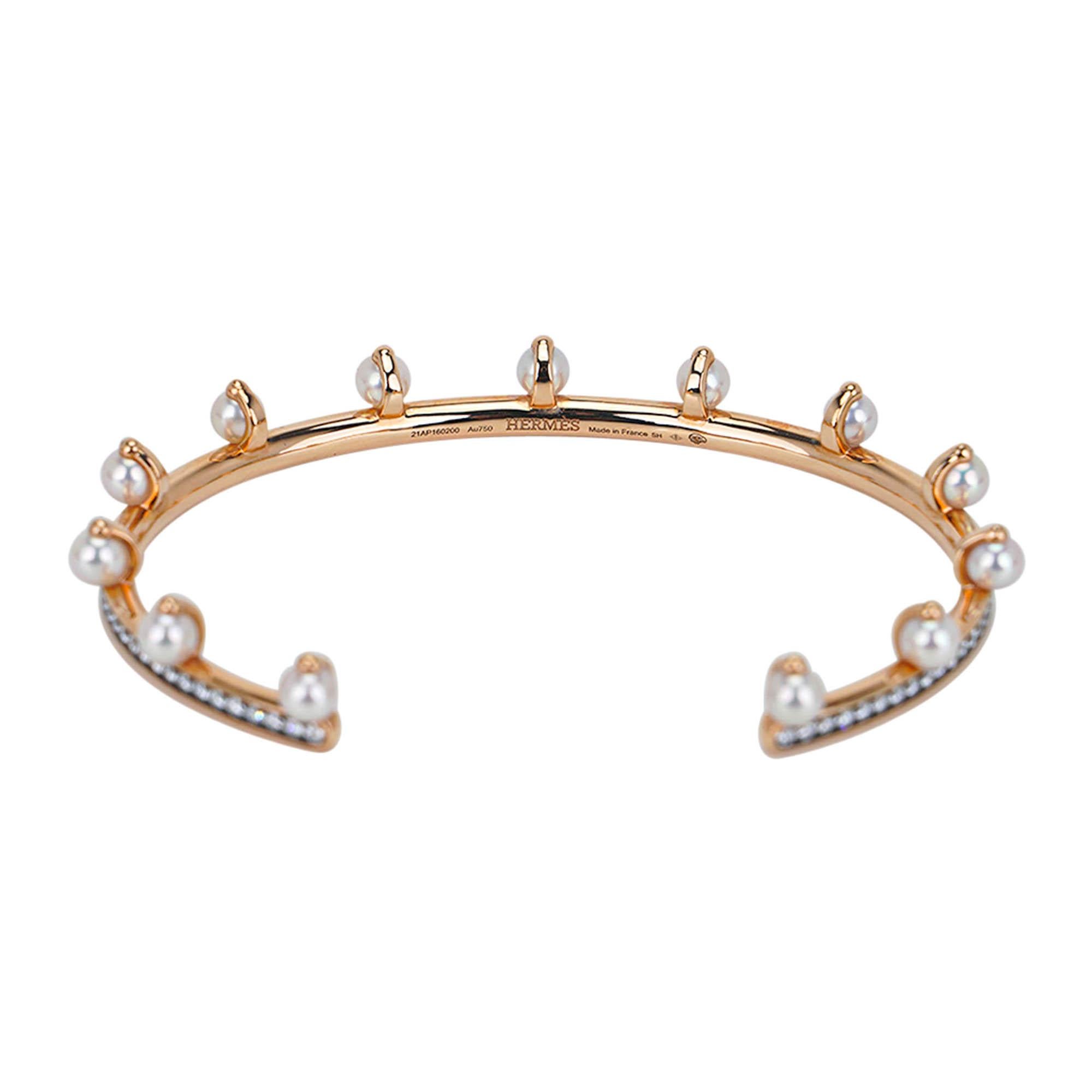 Hermes Chandra Jonc Bracelet manchette en perles et diamants or rose 18k en vente 4