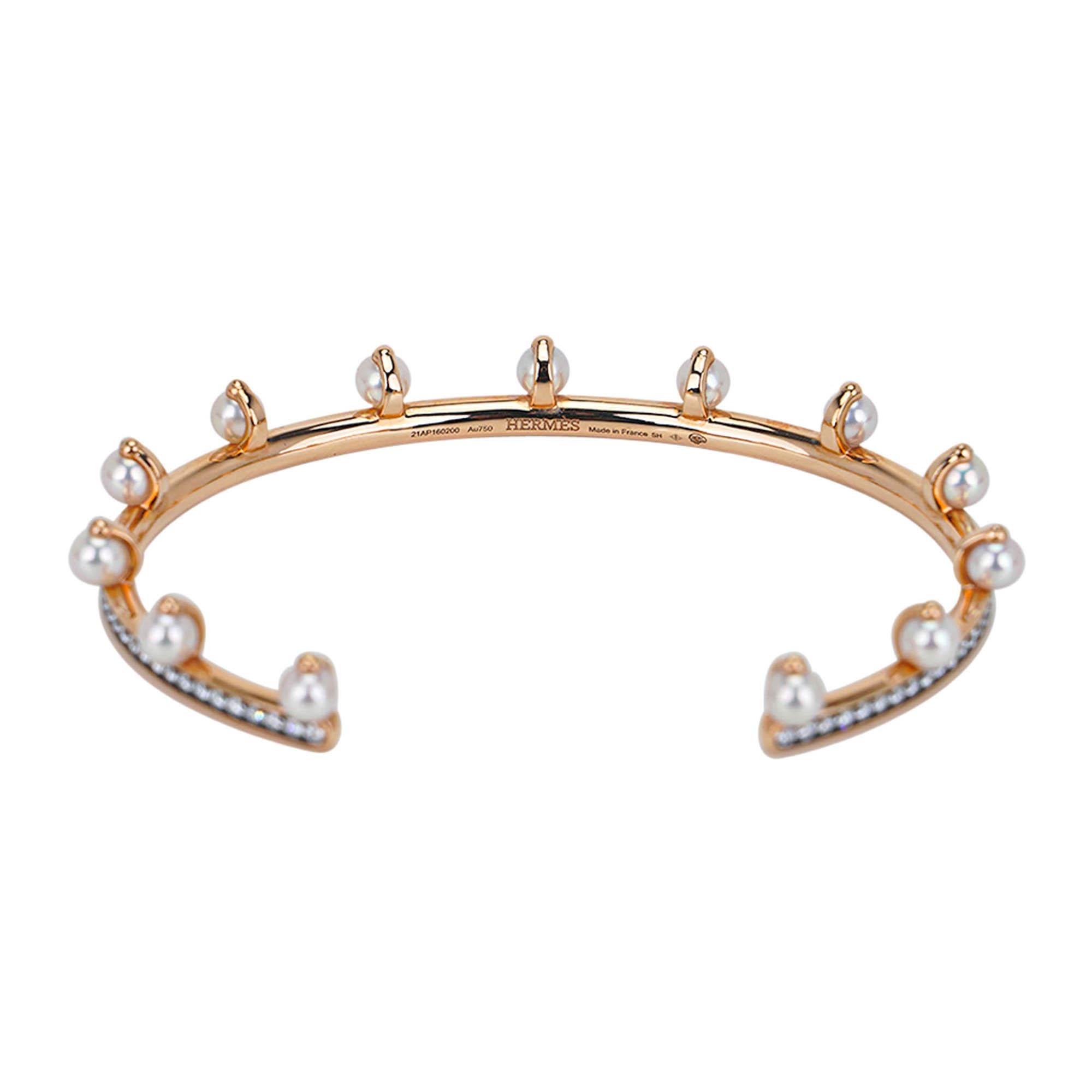 Hermes Chandra Jonc Pulsera de perlas y diamantes Oro rosa 18k en venta 4