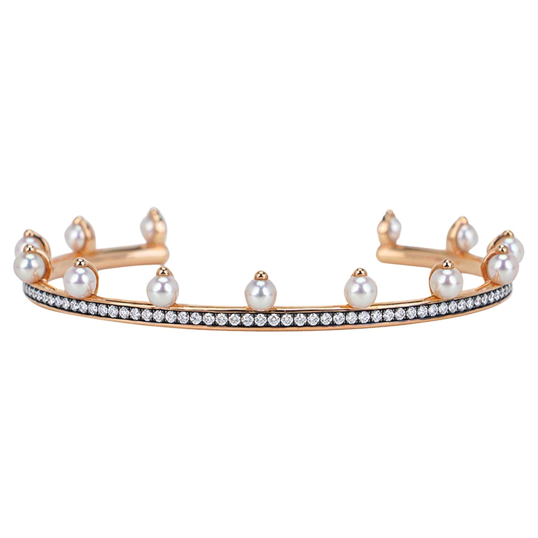 Hermes Chandra Jonc Pearl and Diamond Cuff Bracelet 18k Rose Gold For Sale