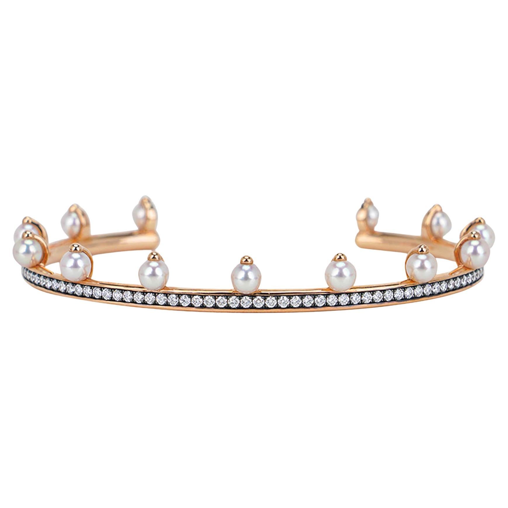 Hermes Chandra Jonc Pulsera de perlas y diamantes Oro rosa 18k en venta