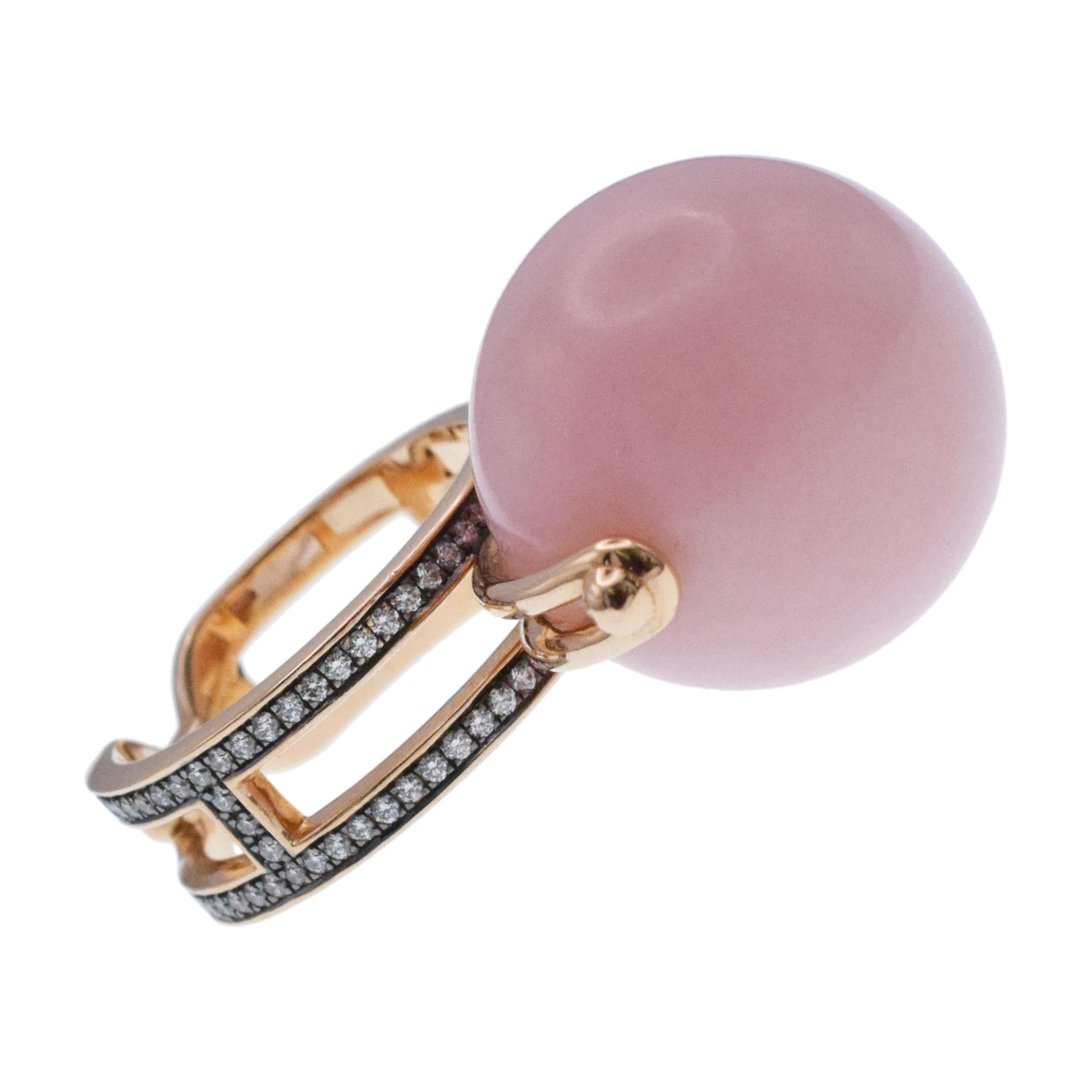 Hermes Chandra Pink Opal Ball and Diamond Ring in 18k Rose Gold For Sale 6