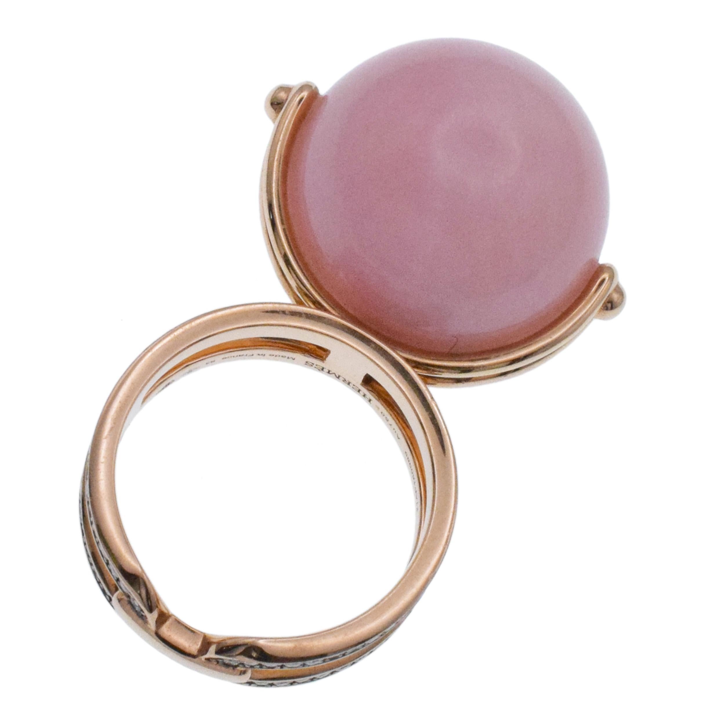Round Cut Hermes Chandra Pink Opal Ball and Diamond Ring in 18k Rose Gold For Sale