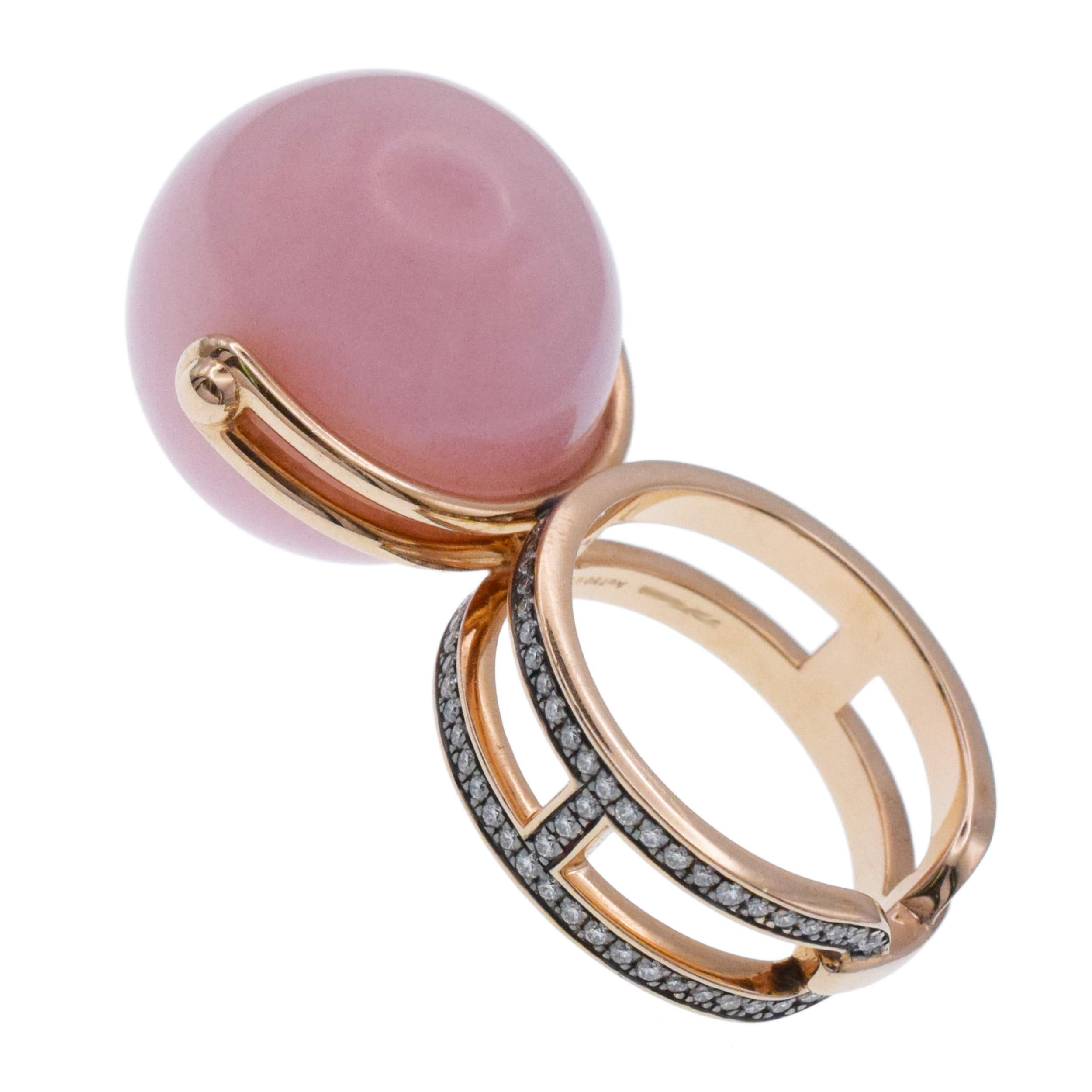 Hermes Chandra Pink Opal Ball and Diamond Ring in 18k Rose Gold In New Condition For Sale In New York, NY