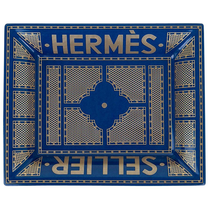 Hermes Change Tray Hermes Sellier Bleu Roi Gold Limoges Porcelain New w/ Box