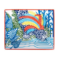 Hermès Plateau de Change Jaguar Quetzal II Porcelaine Bleu Nil Nouveau avec Boîte