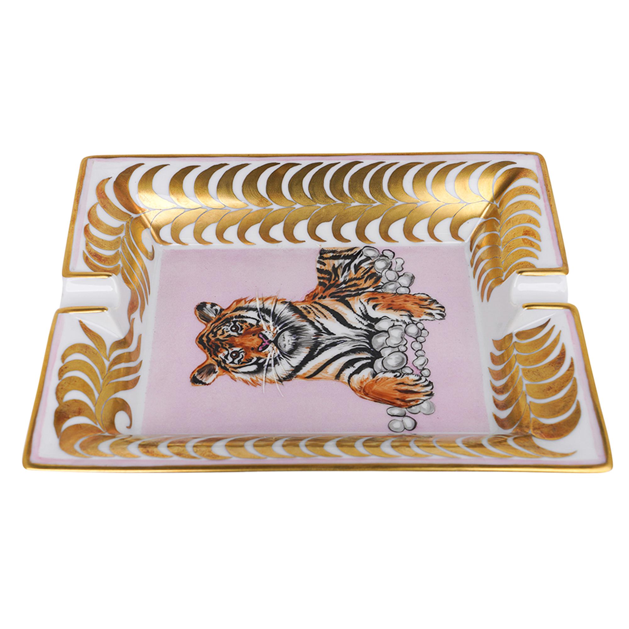 Beige Hermes Change Tray Tigre Royal Or / Rose Hand Painted New w/ Box For Sale