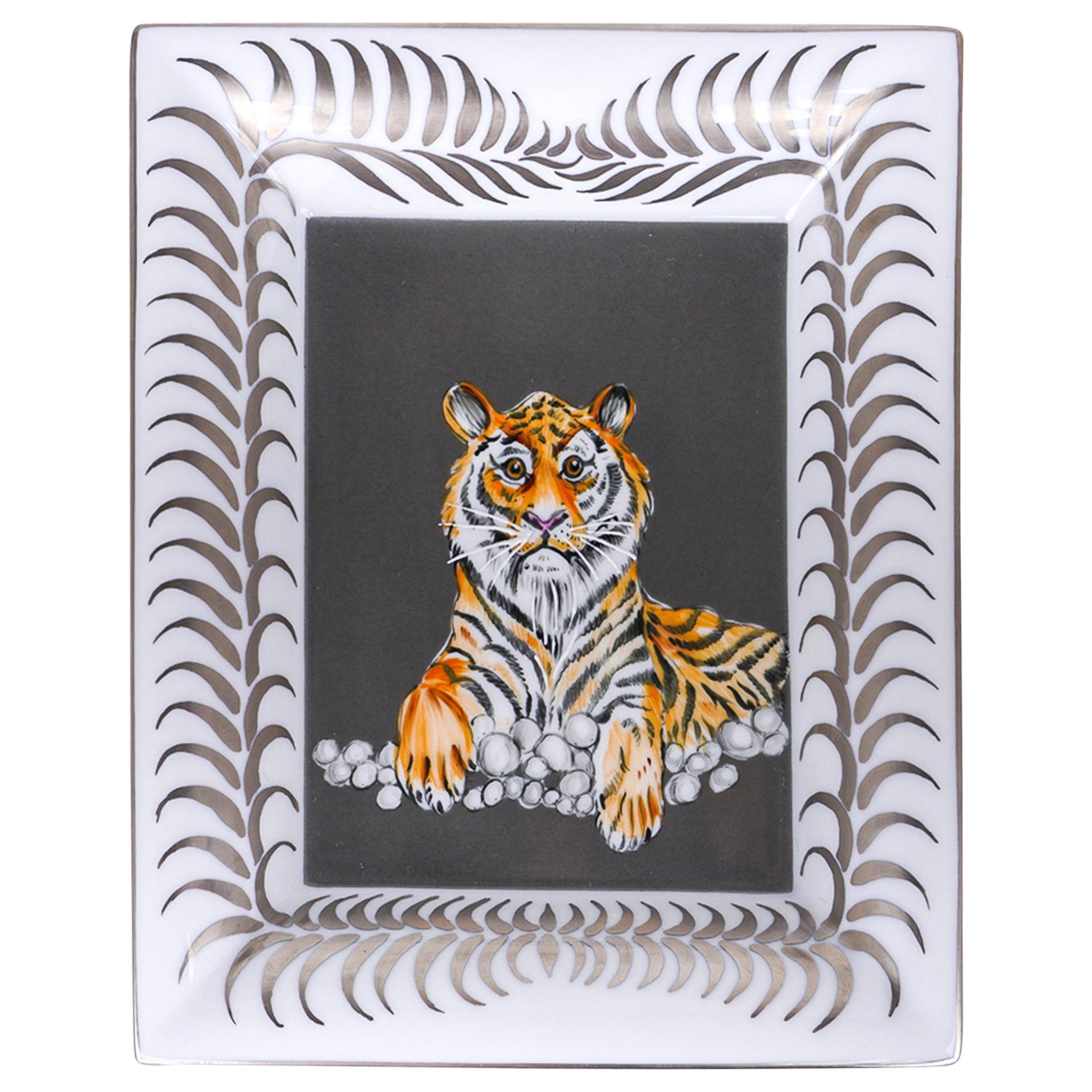 Hermes Change Tray Tigre Royal Platine/Gris Hand Painted New w/ Box