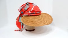 Hermes Chapeau Femme Ombline Coral Printed Silk Scarf Tresse Hat