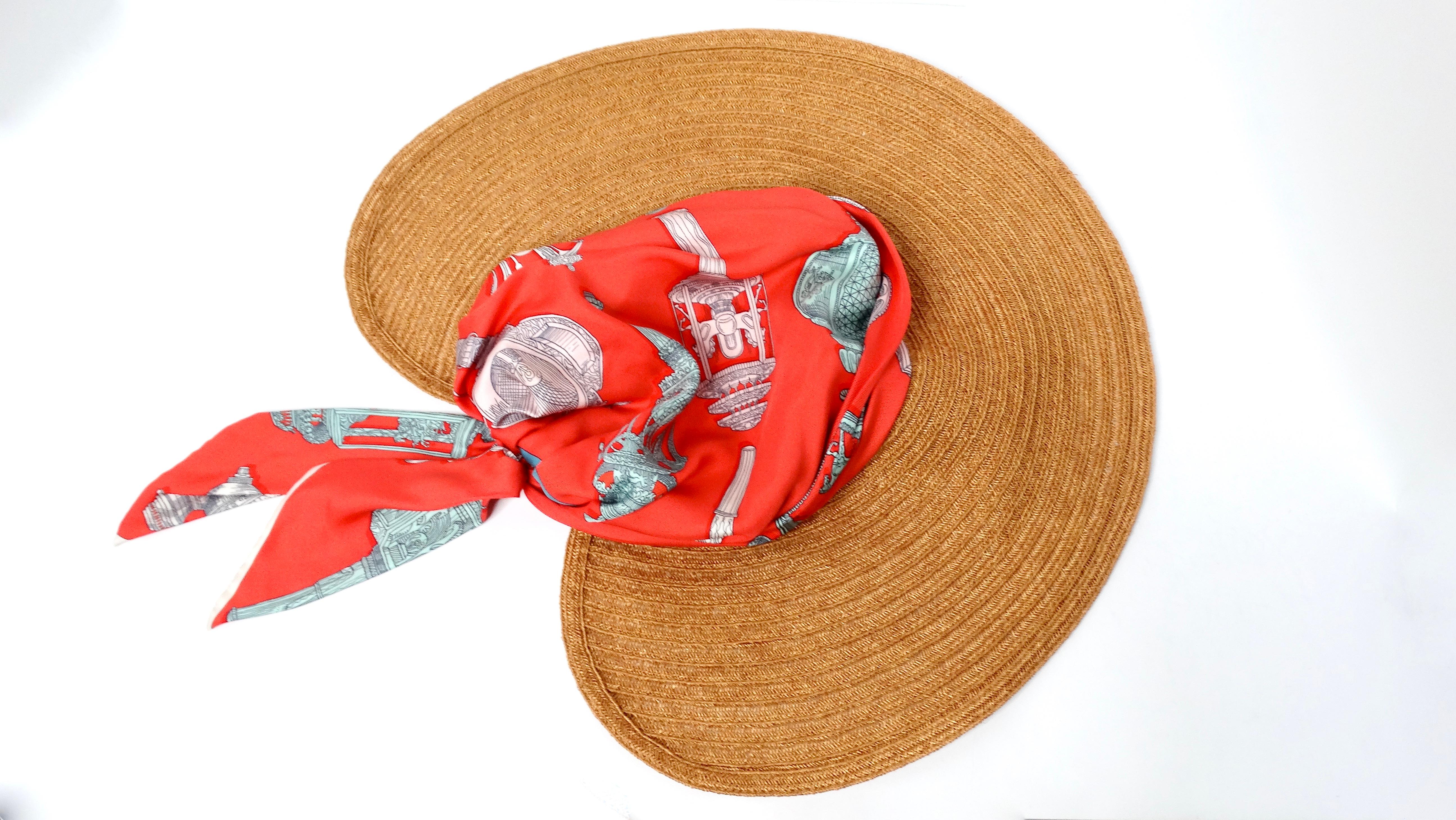 Hermes Chapeau Femme Ombline Coral Imprimé Silk Scarf Tresse Hat en vente 2