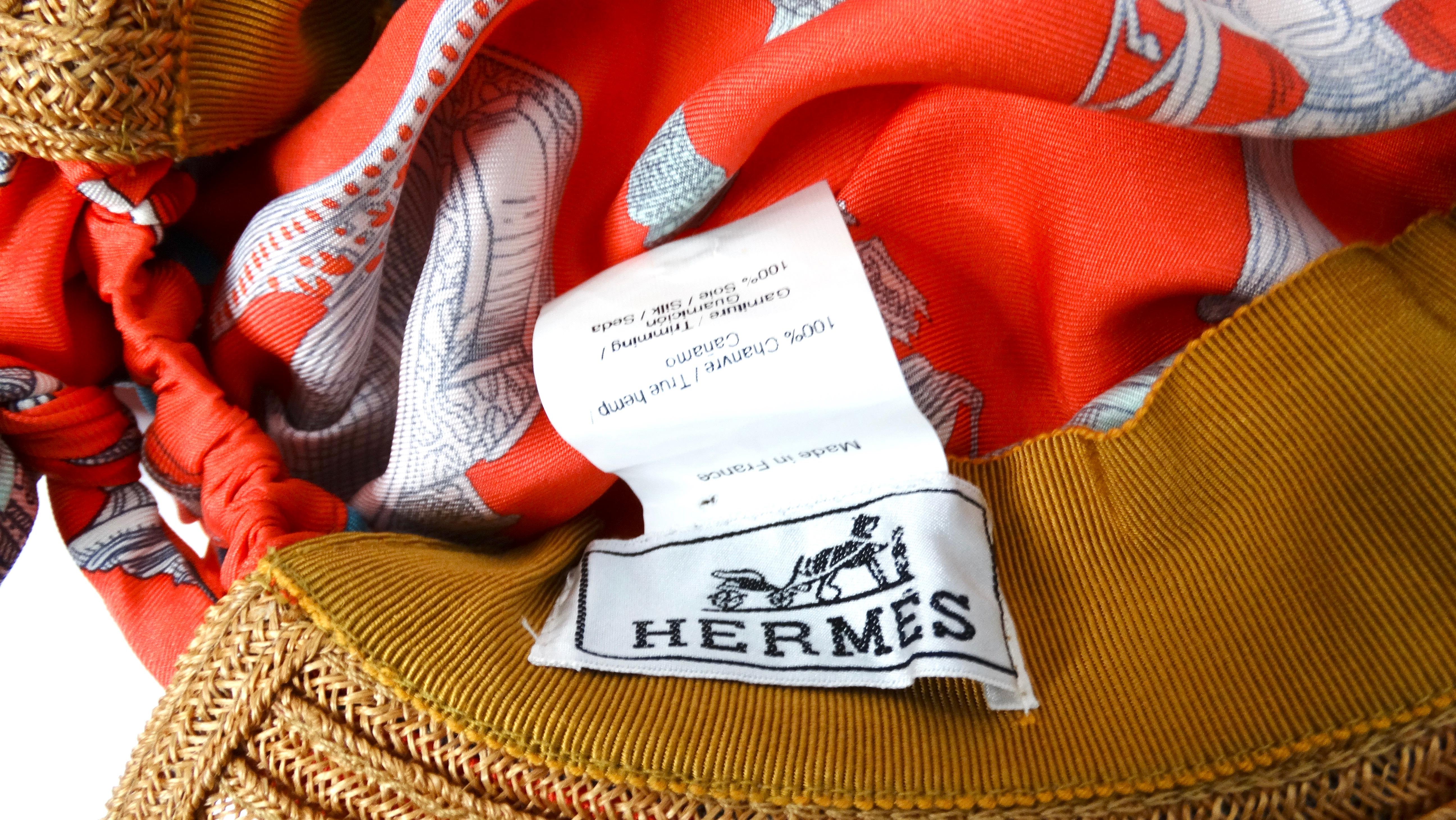 Hermes Chapeau Femme Ombline Coral Imprimé Silk Scarf Tresse Hat en vente 3