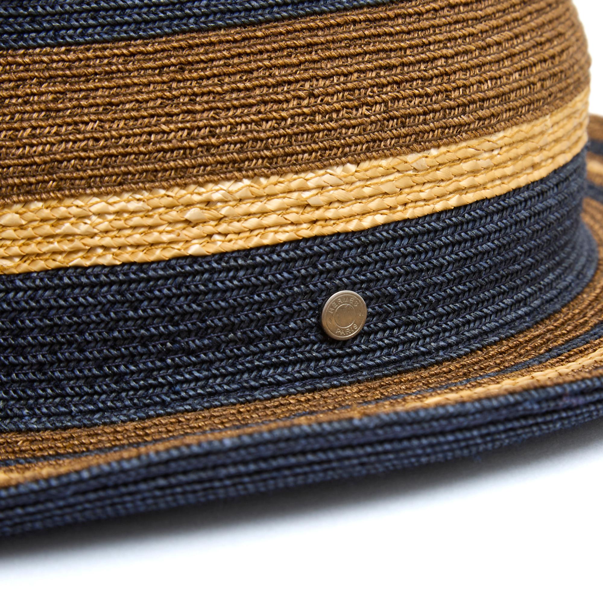 Hermès Chapeau T57 Natural Navy Brown Straw Hat Size M Hermes In Good Condition In PARIS, FR