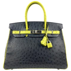 Hermes Charcoal and Kiwi Ostrich Horseshoe 30 cm Birkin