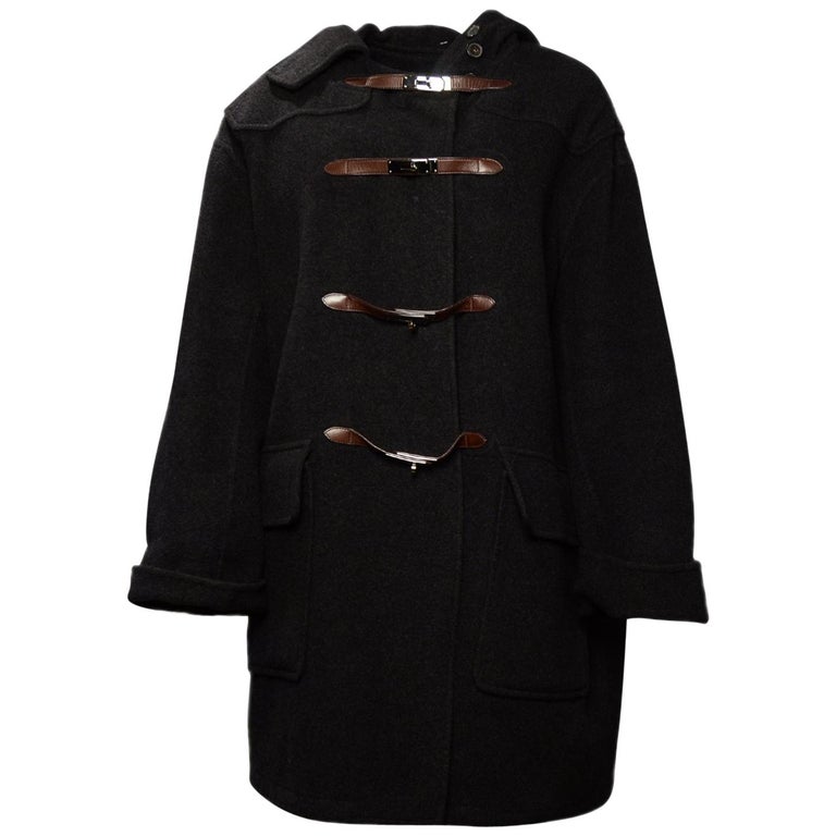 Hermes Charcoal Grey Cashmere Coat w/ Hood For Sale at 1stDibs