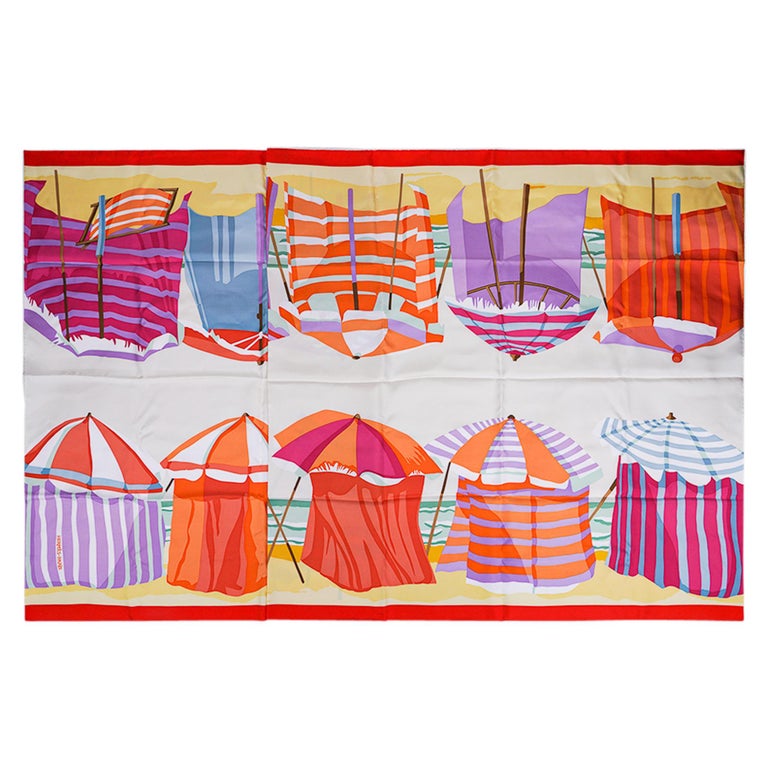 HERMES Carré 45 CHARMES DES PLAGES NORMANDES - The Charms of the Normandy Coast silk scarf Sea, boat, beach Orange blue