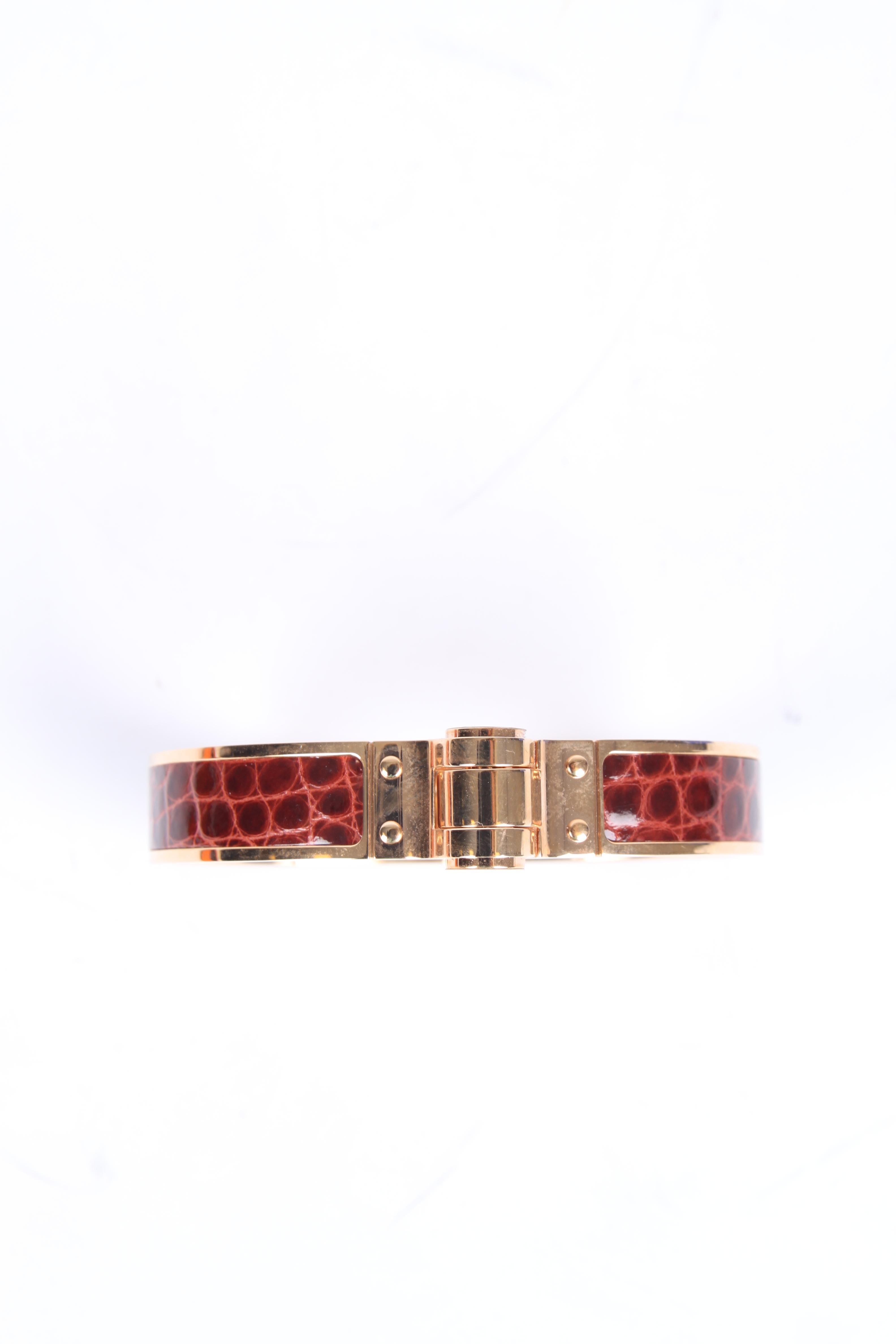 Hermes Charniere Bracelet Alligator Leather Rose Gold - brown In Excellent Condition In Baarn, NL