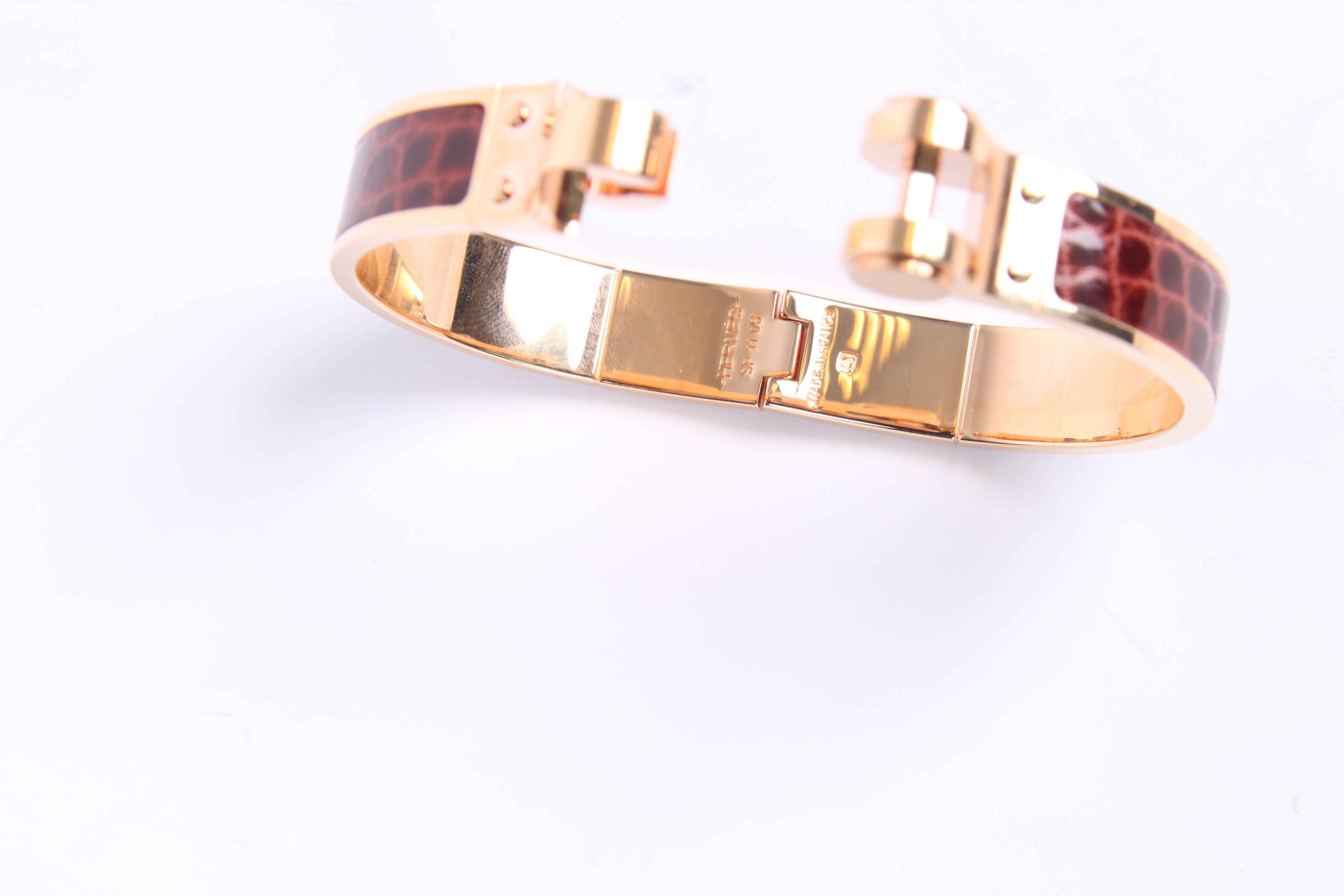 Hermes Charniere Bracelet Alligator Leather Rose Gold - brown 2