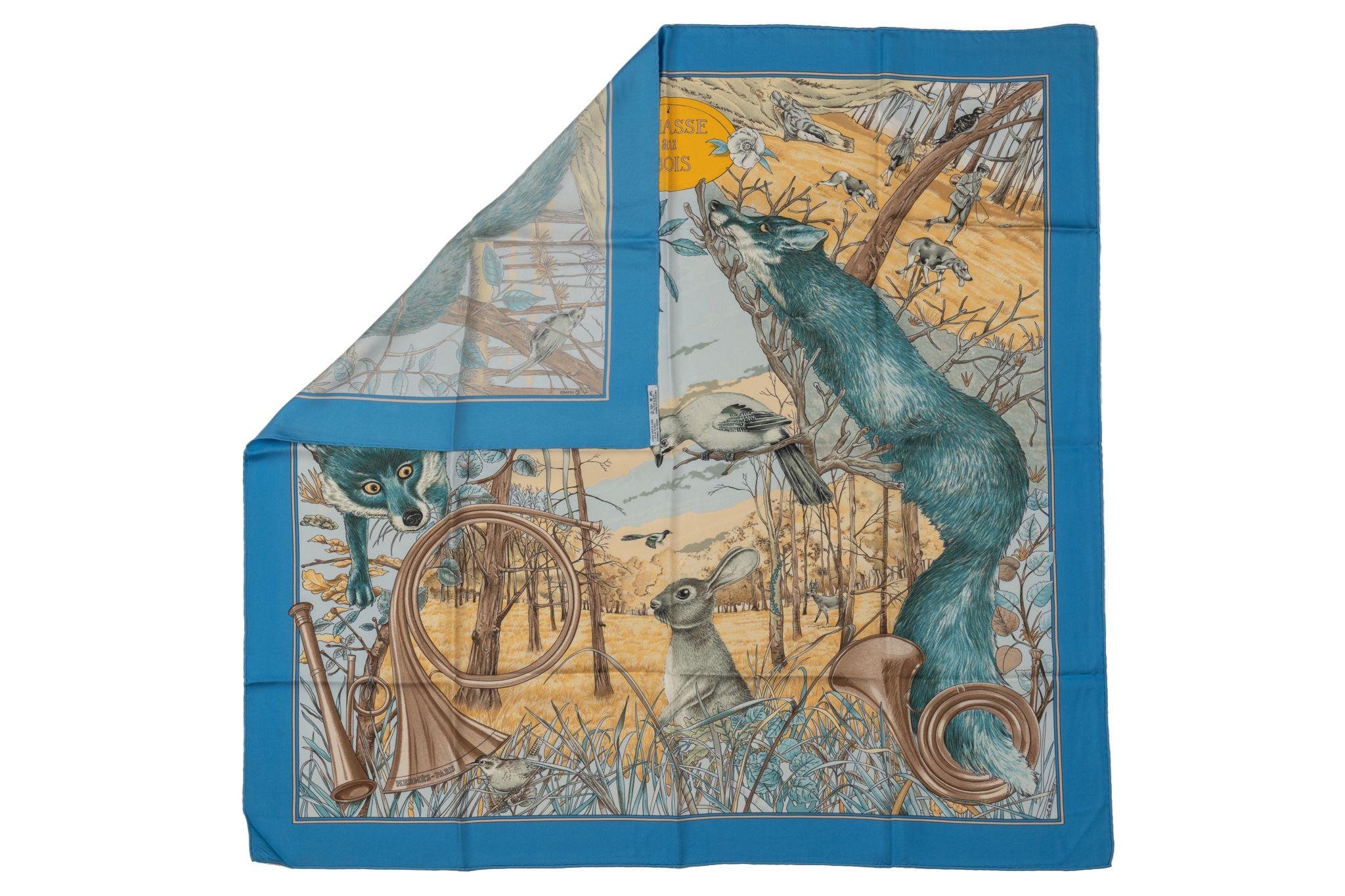 Hermès Chasse Au Bois Blue Silk Scarf , blue and yellow combination. Hand rolled edges, no box.
