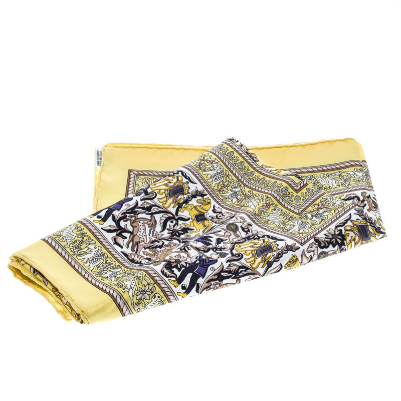 Beige Hermes Chasse En Inde Yellow and White Printed Silk Square Scarf