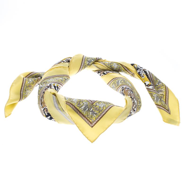 Hermes Chasse En Inde Yellow and White Printed Silk Square Scarf 2