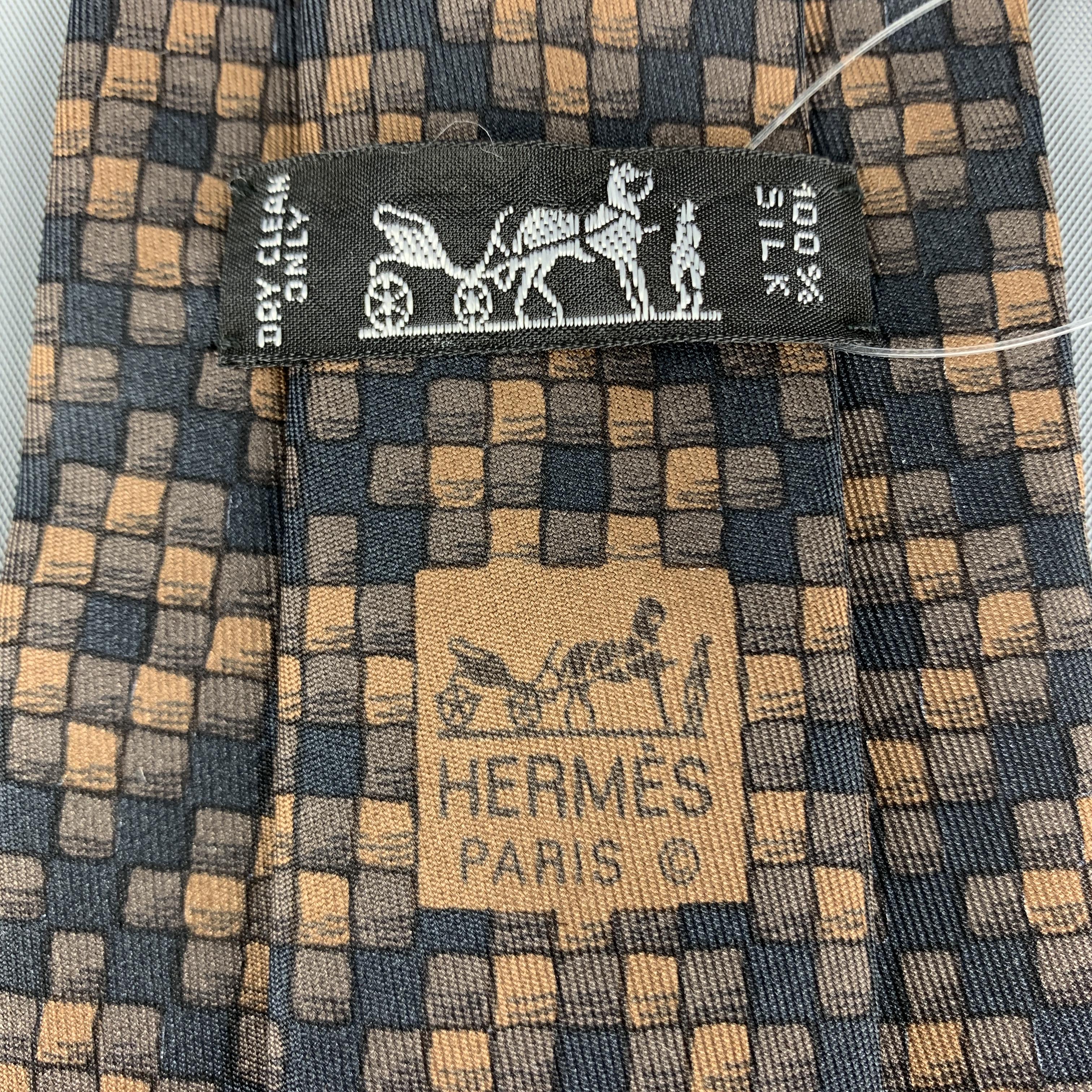 Men's HERMES Checkered Black & Brown Silk Tie