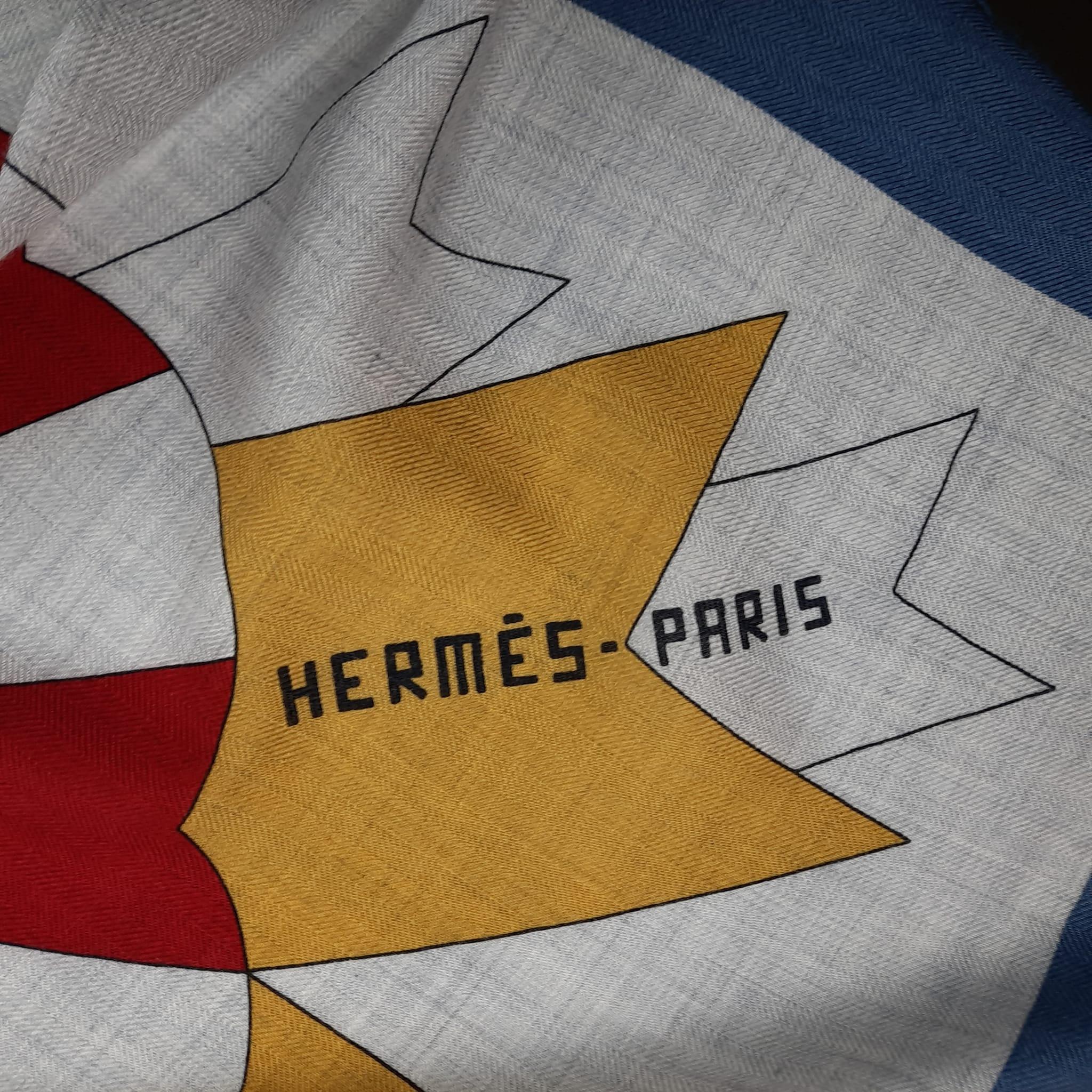 Hermes Cheval de Fete shawl 140 Gris Chine Bleu Jaune Cashmere Silk 1