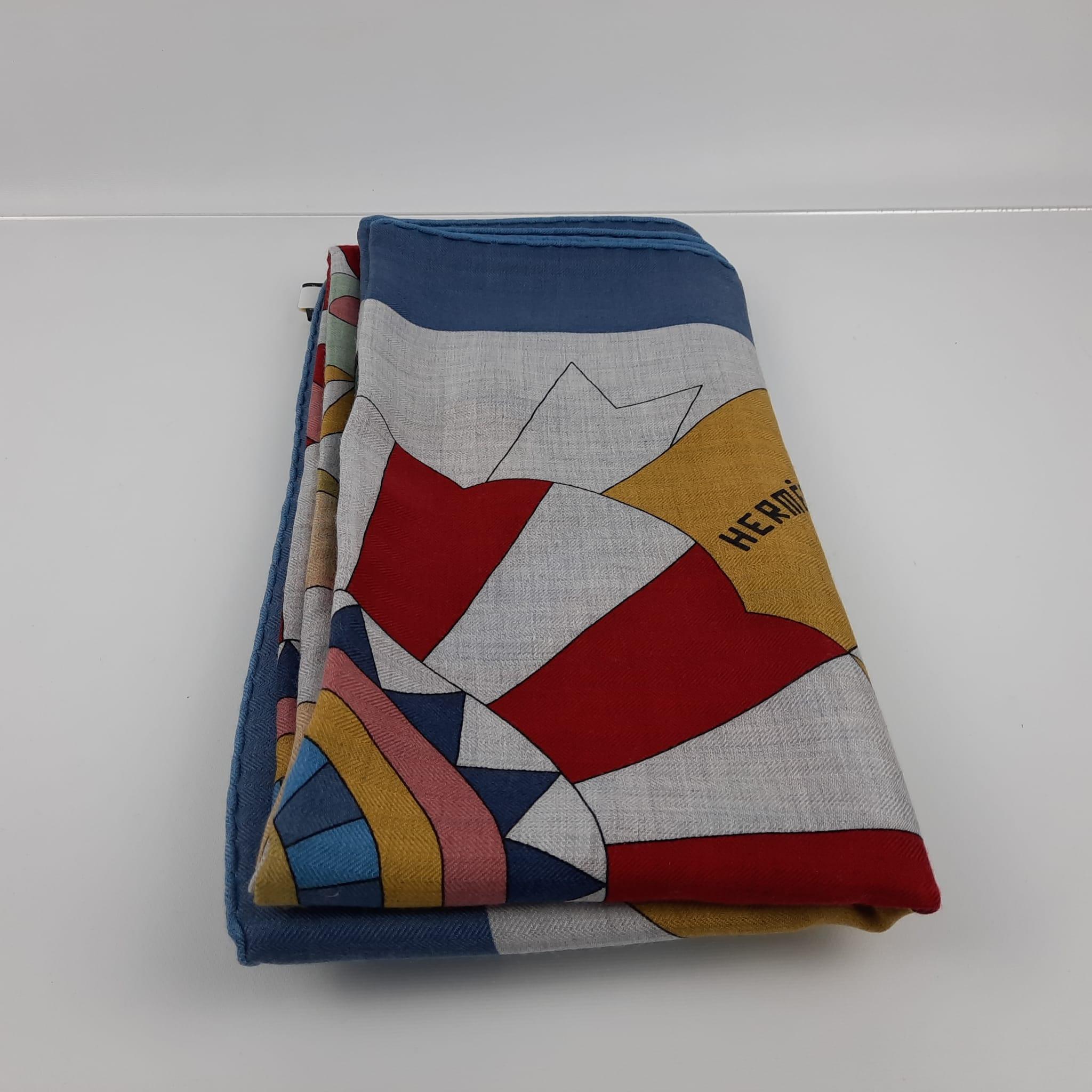 Hermes Cheval de Fete shawl 140 Gris Chine Bleu Jaune Cashmere Silk 2