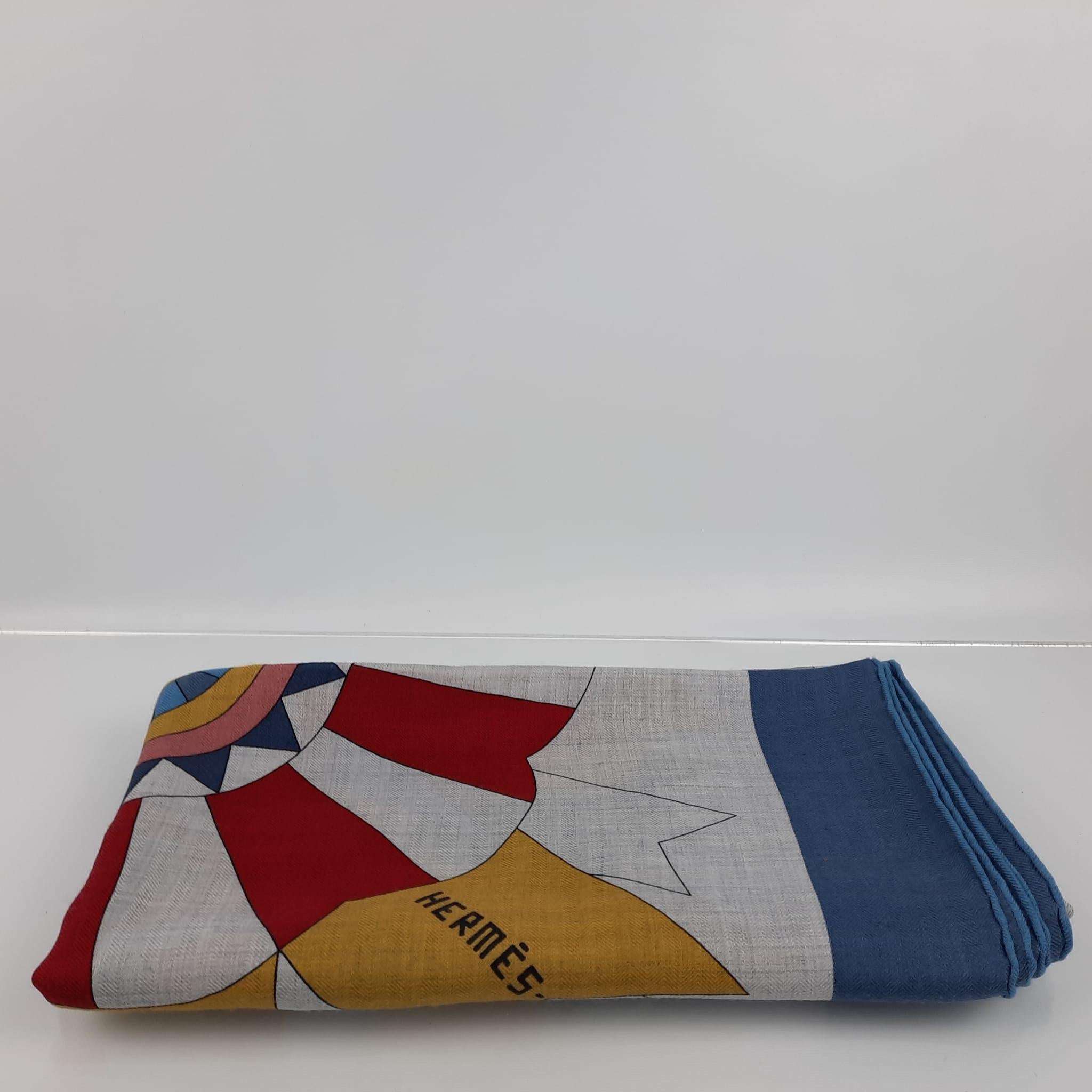 Hermes Cheval de Fete shawl 140 Gris Chine Bleu Jaune Cashmere Silk 3