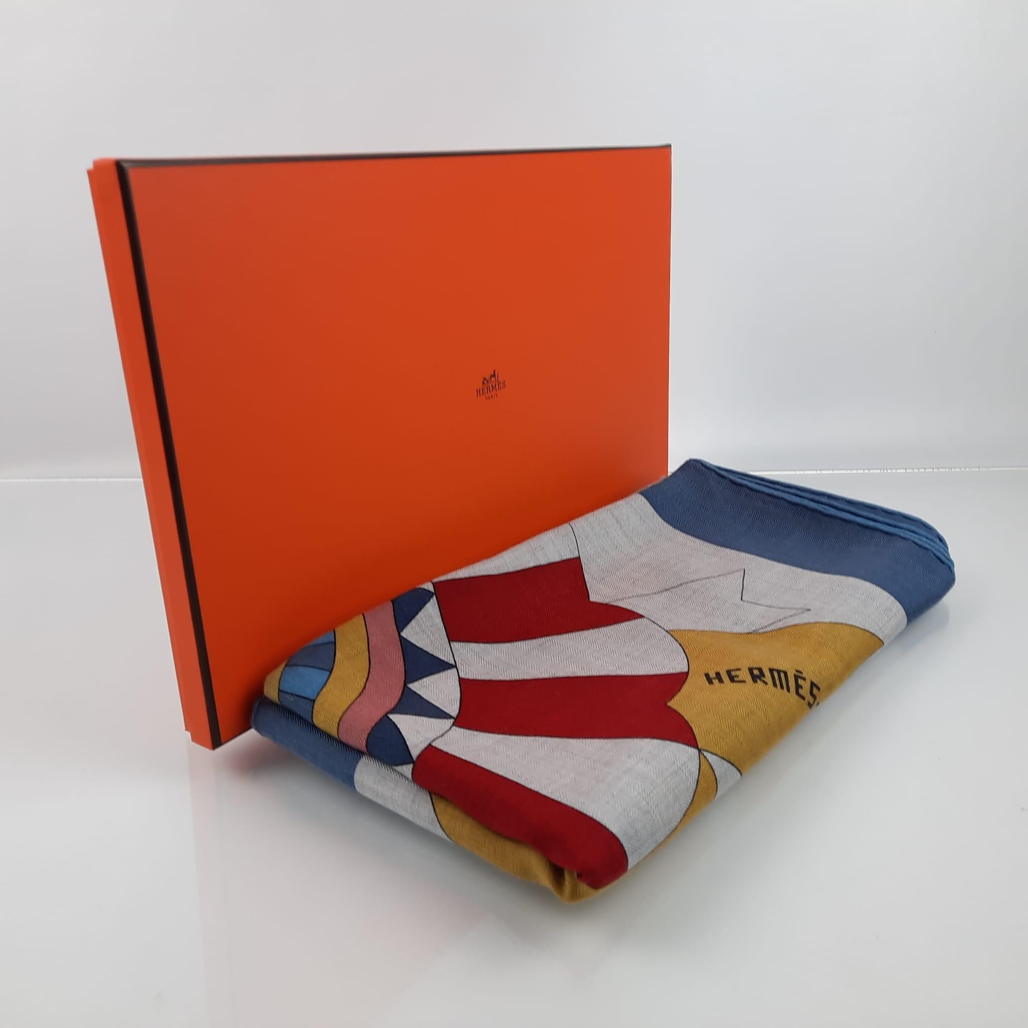 Hermes Cheval de Fete shawl 140 Gris Chine Bleu Jaune Cashmere Silk 4