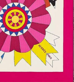 Scialle Hermes Cheval de Fete 140 Rose Vif Blanc Multicolore Cashmere e Seta