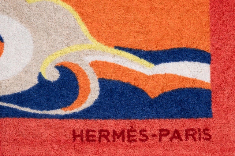 Serviette De Plage HERMÈS Vintage - Motif Fleur De Cheval, Coton, 30x30cm - Très Bon état