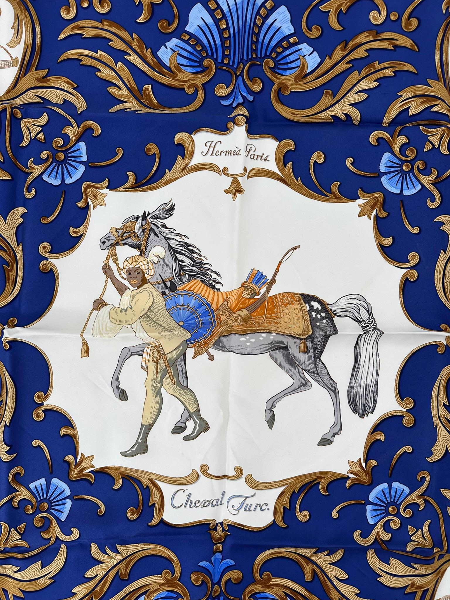 Hermès Cheval Turc Silk Twill Scarf Designed by Christiane Vauzelles 90cm For Sale 6