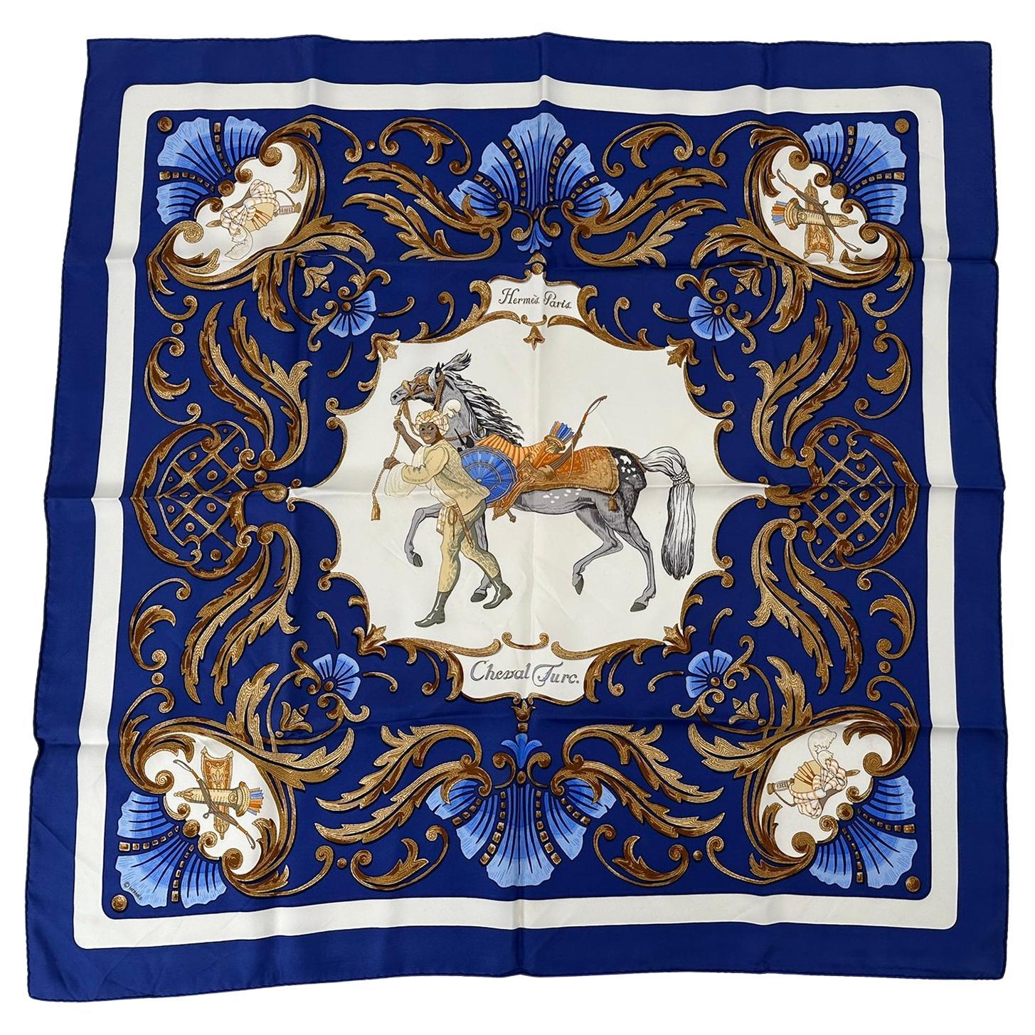 Hermès Cheval Turc Silk Twill Scarf Designed by Christiane Vauzelles 90cm For Sale