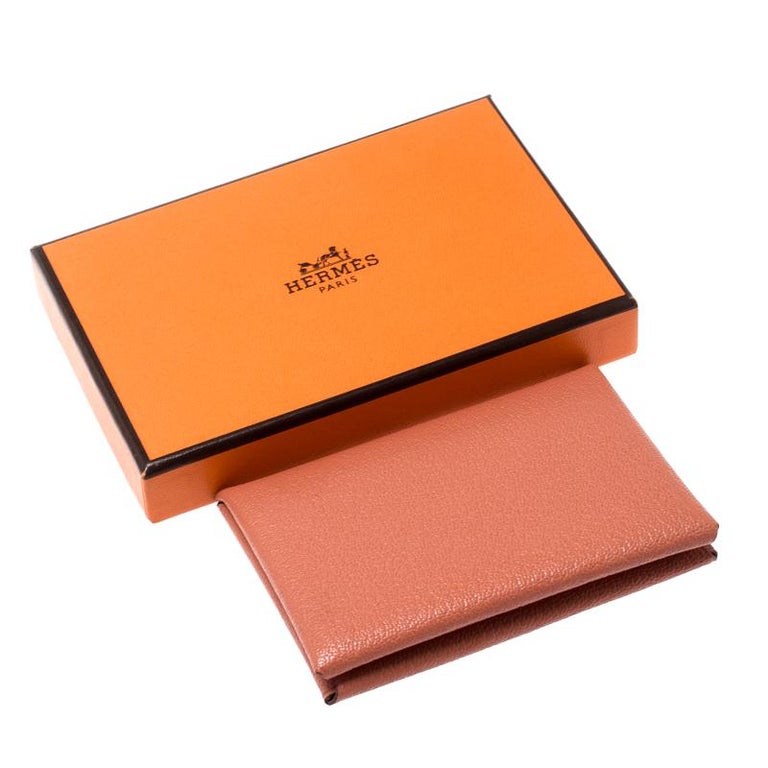 Hermes Chevre Mysore Rose Tea Leather Calvi Card Holder For Sale at 1stDibs