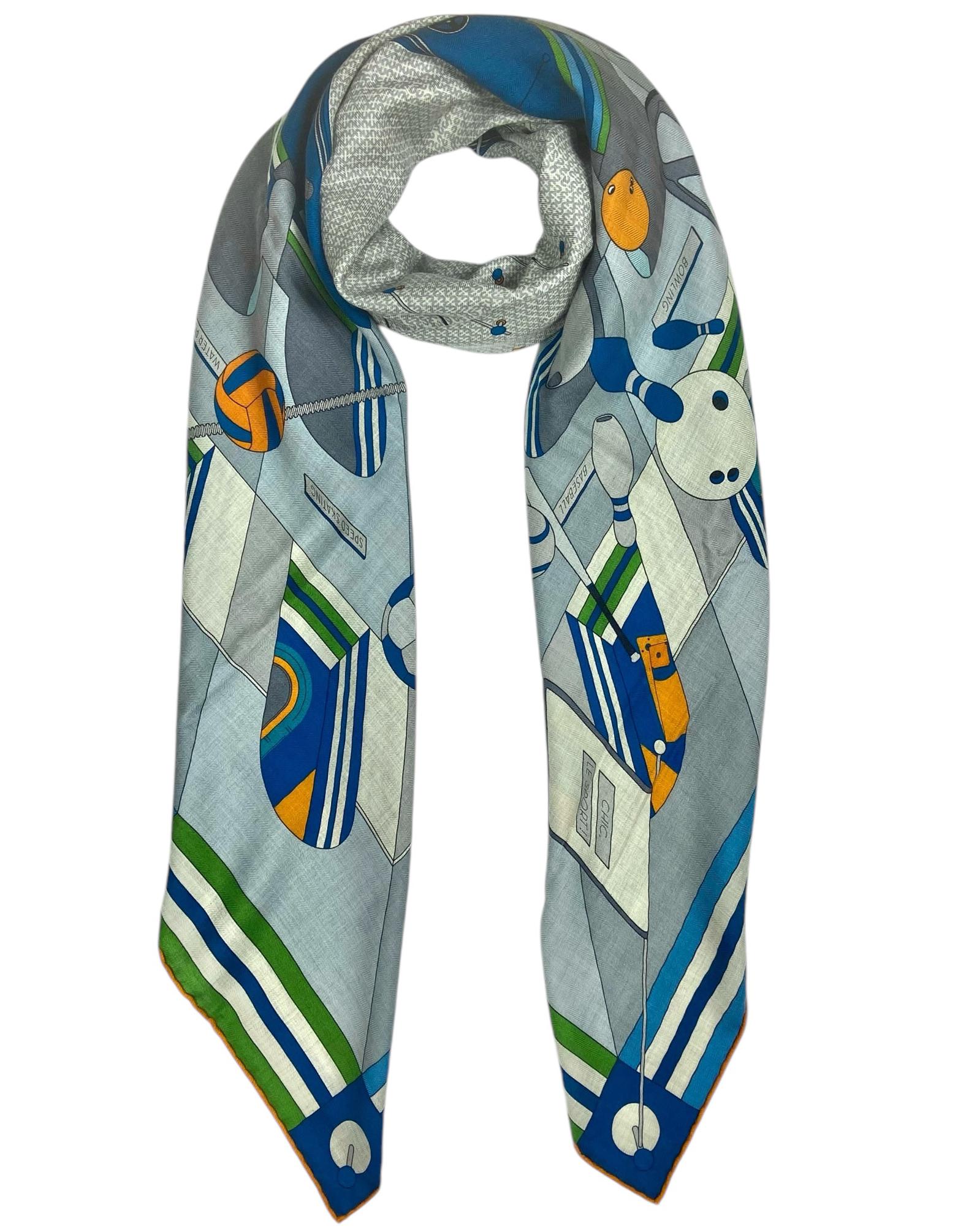 Grigio Hermes Chic, Le Sport! Sciarpa scialle in seta/cachemire Naturel/Arancione/Petrol. in vendita