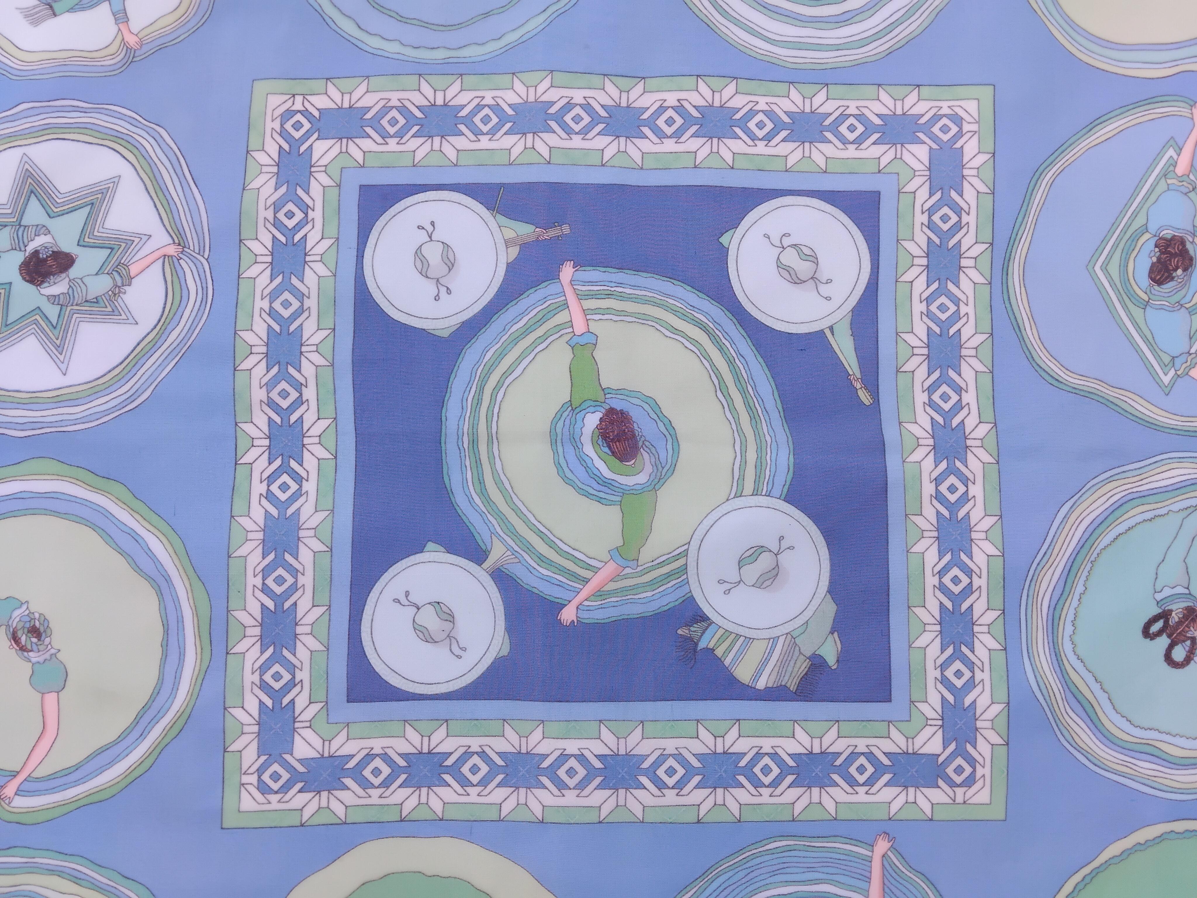 Blue Hermès Chiffon Mousseline Silk Scarf Belles du Mexique Jamin 35 inches For Sale