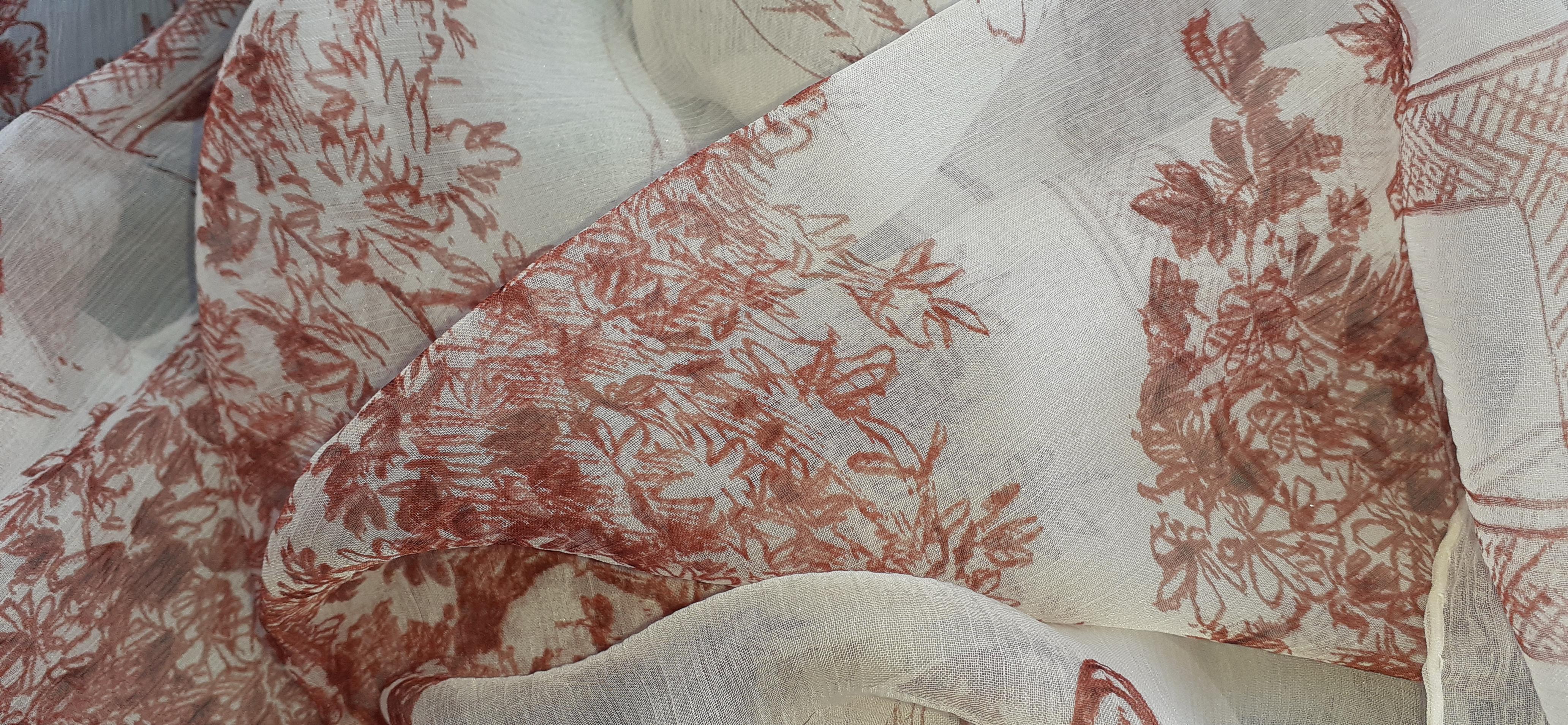 Hermès Chiffon Mousseline Silk Scarf Long Stole Toile de Jouy Pattern Rare 7