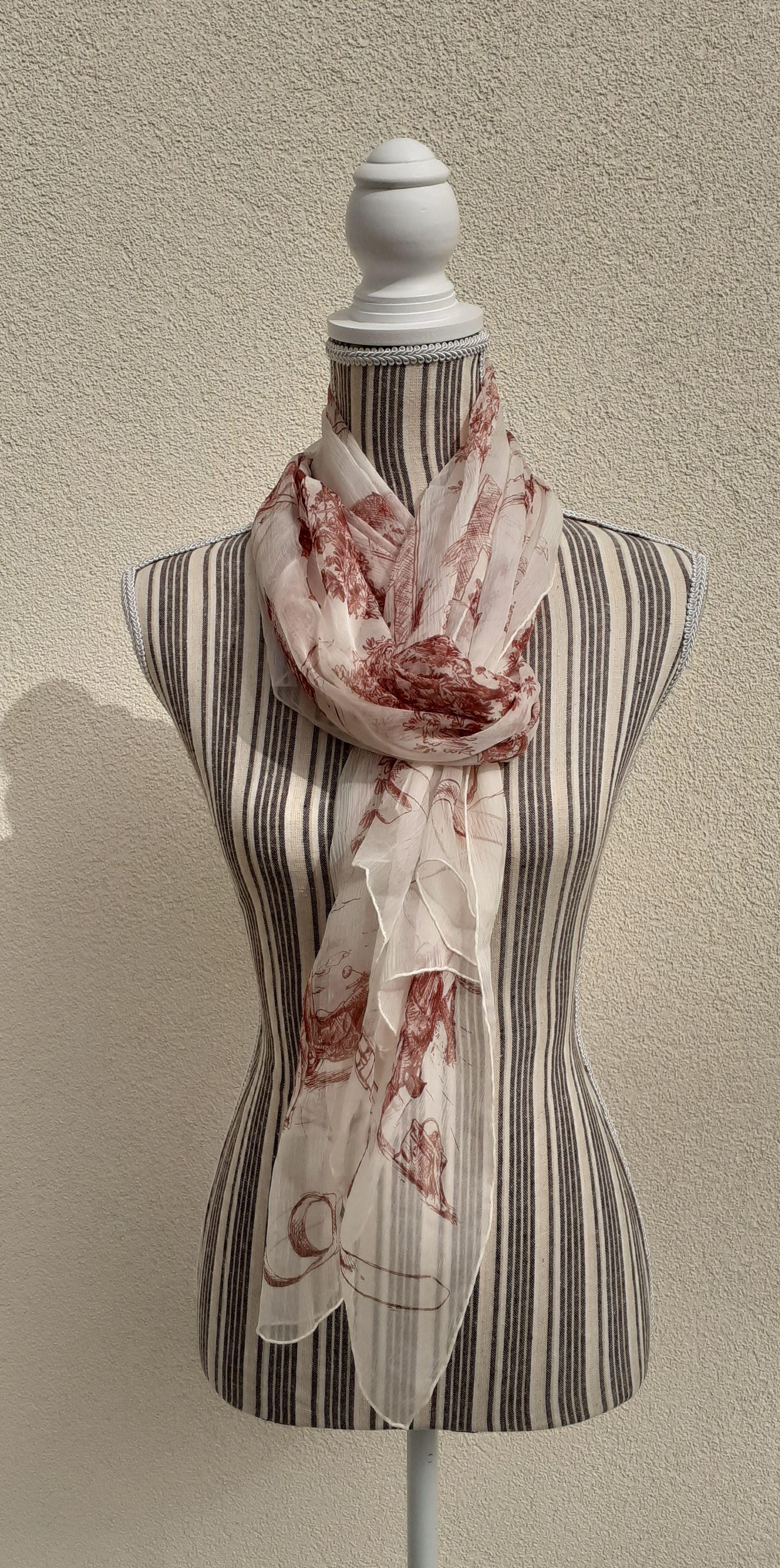 Hermès Chiffon Mousseline Silk Scarf Long Stole Toile de Jouy Pattern Rare 9